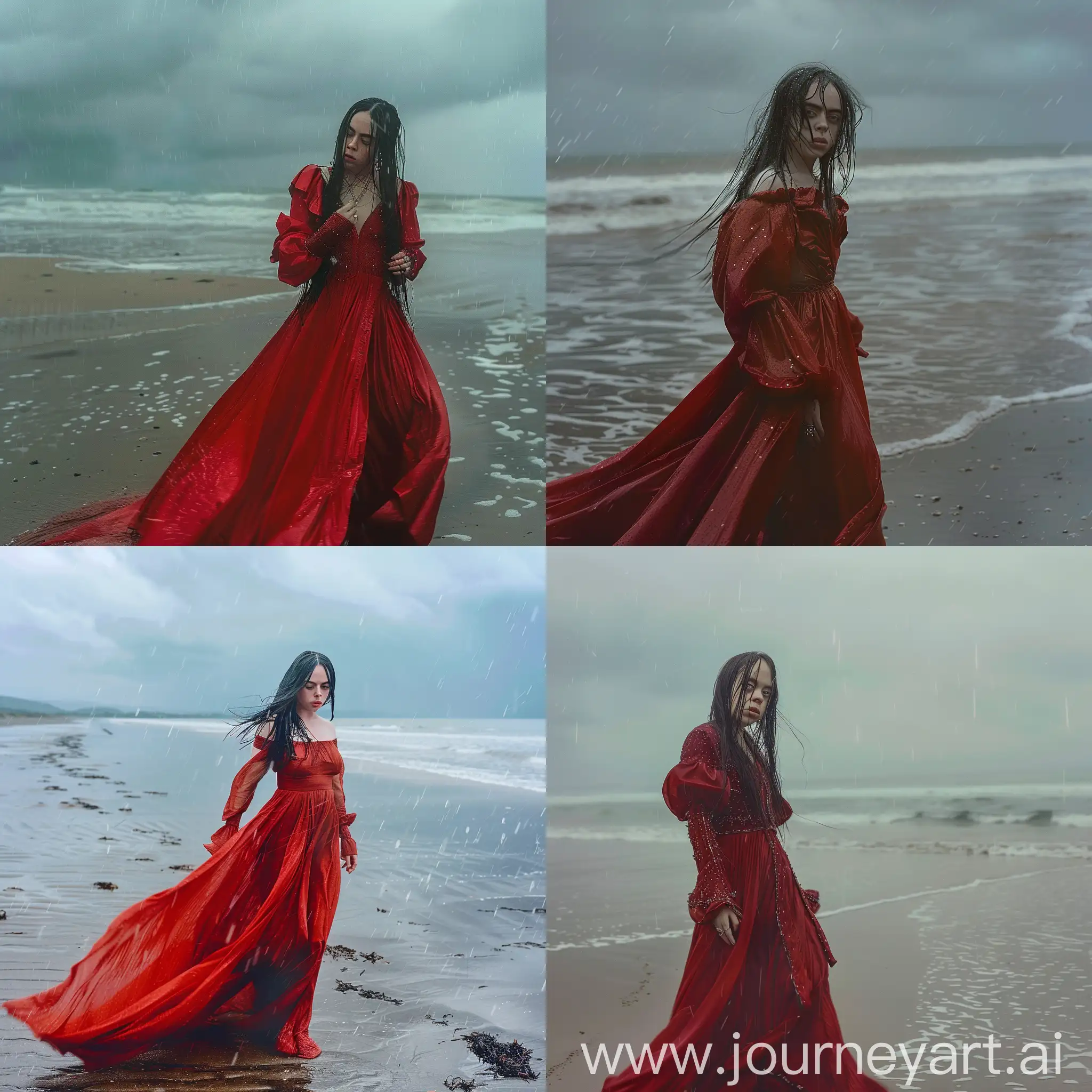 Billie Eilish in a long red dress on the beach while it is raining