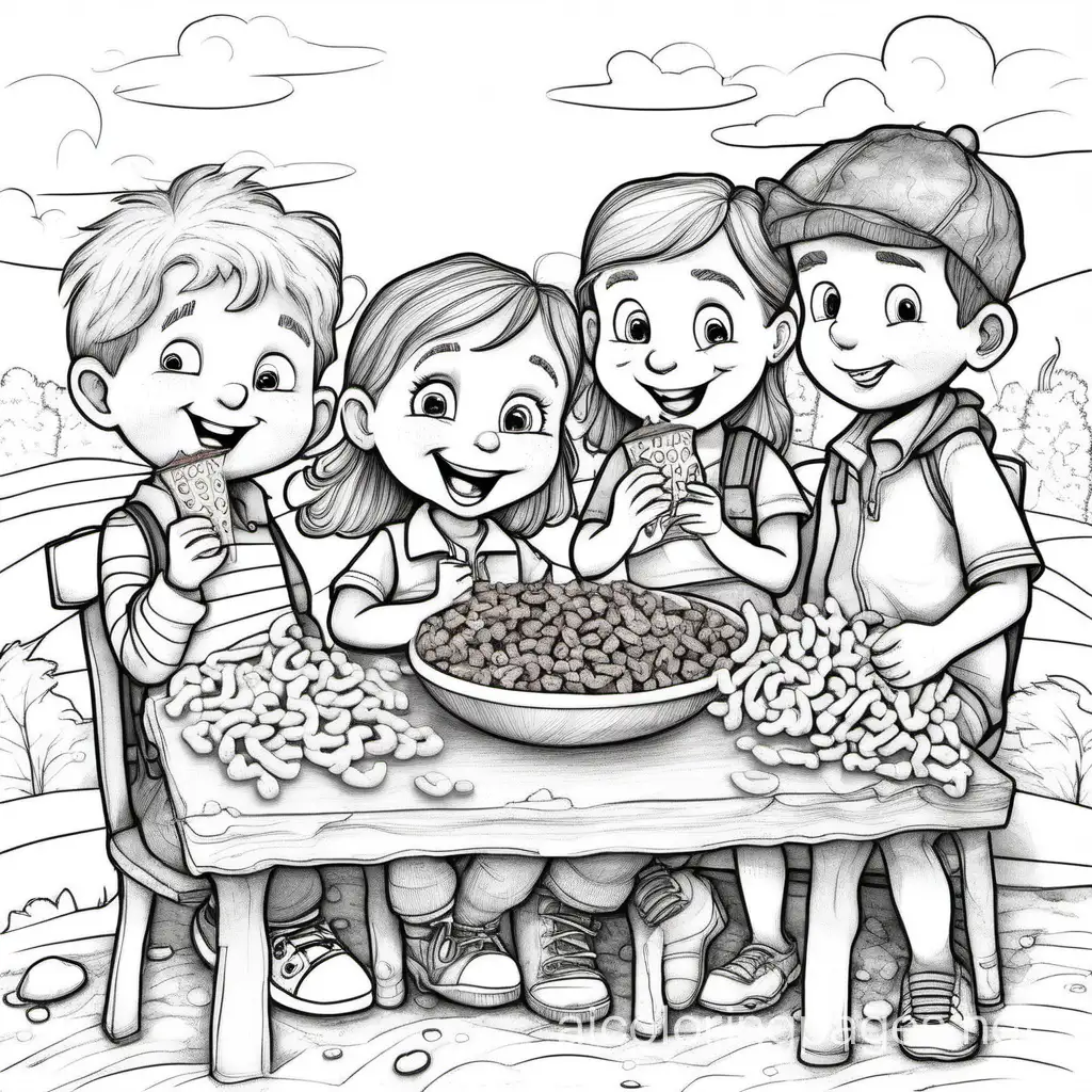 To cap off the festivities in Schoolington, Benny, Lily, and Tommy sit down for a special 100th-day snack - a delicious trail mix with 100 different tasty treats. Raisins, pretzels, chocolate chips, and more combine to create a crunchy and sweet celebration. Illustrate the scene with animated characters enjoying the delectable snack. Artwork, watercolor painting on textured paper, emphasizing warm tones and tasty details,, Coloring Page, black and white, line art, white background, Simplicity, Ample White Space. The background of the coloring page is plain white to make it easy for young children to color within the lines. The outlines of all the subjects are easy to distinguish, making it simple for kids to color without too much difficulty