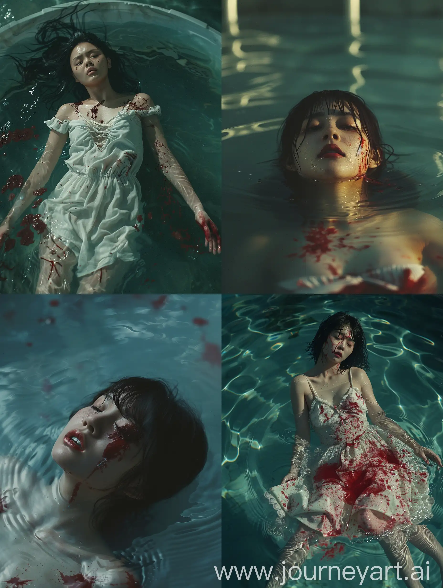realistic movie stills, full body, full shot, wide shot, Japanese beautiful female, Even in our sleep, pain that cannot forget falls drop by drop upon the heart, and in our own despair, against our will, ultra high-quality photograph, shot on dslr, uncropped, 8k, incredible depth, by shintaro kago, Jeremy Mann, Ismail Inceoglu, Injured, floating, water stained with blood, realism, clear light and shadow, movie texture, film photos, expired film, creating a melancholy atmosphere , aesthetics of violence, an amazing movie scene, strong dramatic tension, rich details, clear light and shadow, a strong sense of cinema

