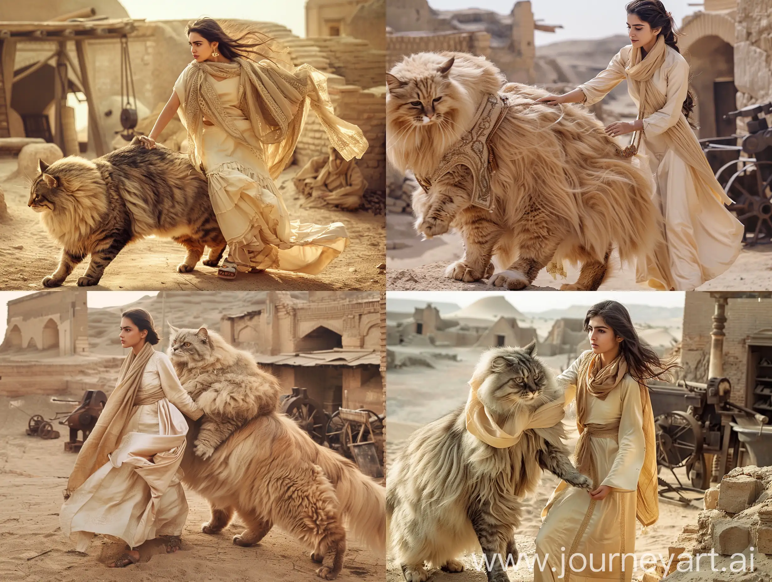 A young Persian woman in a cream dress and scarf is getting off a giant Persian cat in Bam Citadel to go to an old blacksmith shop. in a desert, in an ancient civilization, cinematic, epic realism,8K, highly detailed, bird's eye view, glamour lighting, backlit 