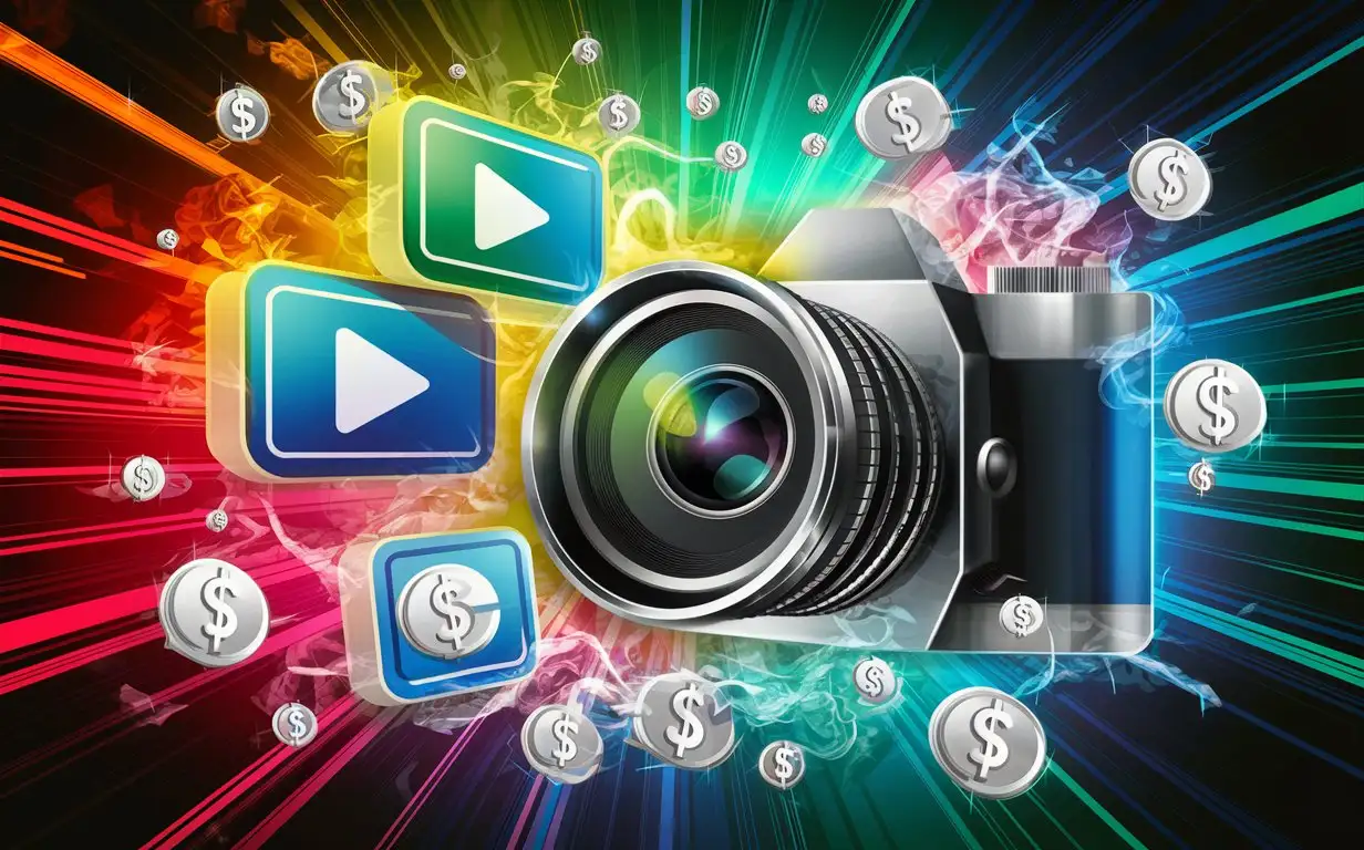 Яркая и светлая картинка со значками обозначающими видео, с элементами денег и камерой