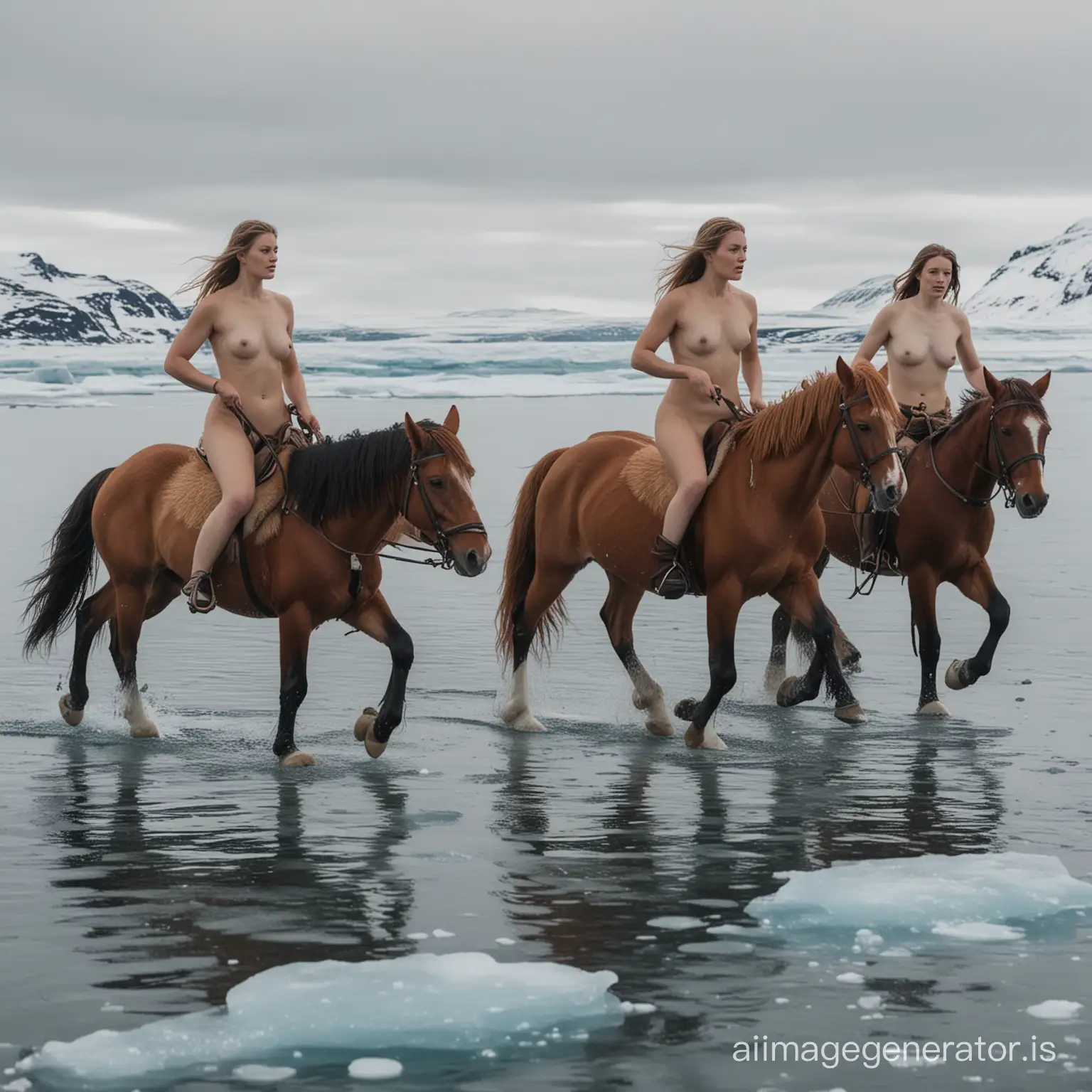 3 guerrières Islandaises nues sur des chevaux courant sur la banquise 