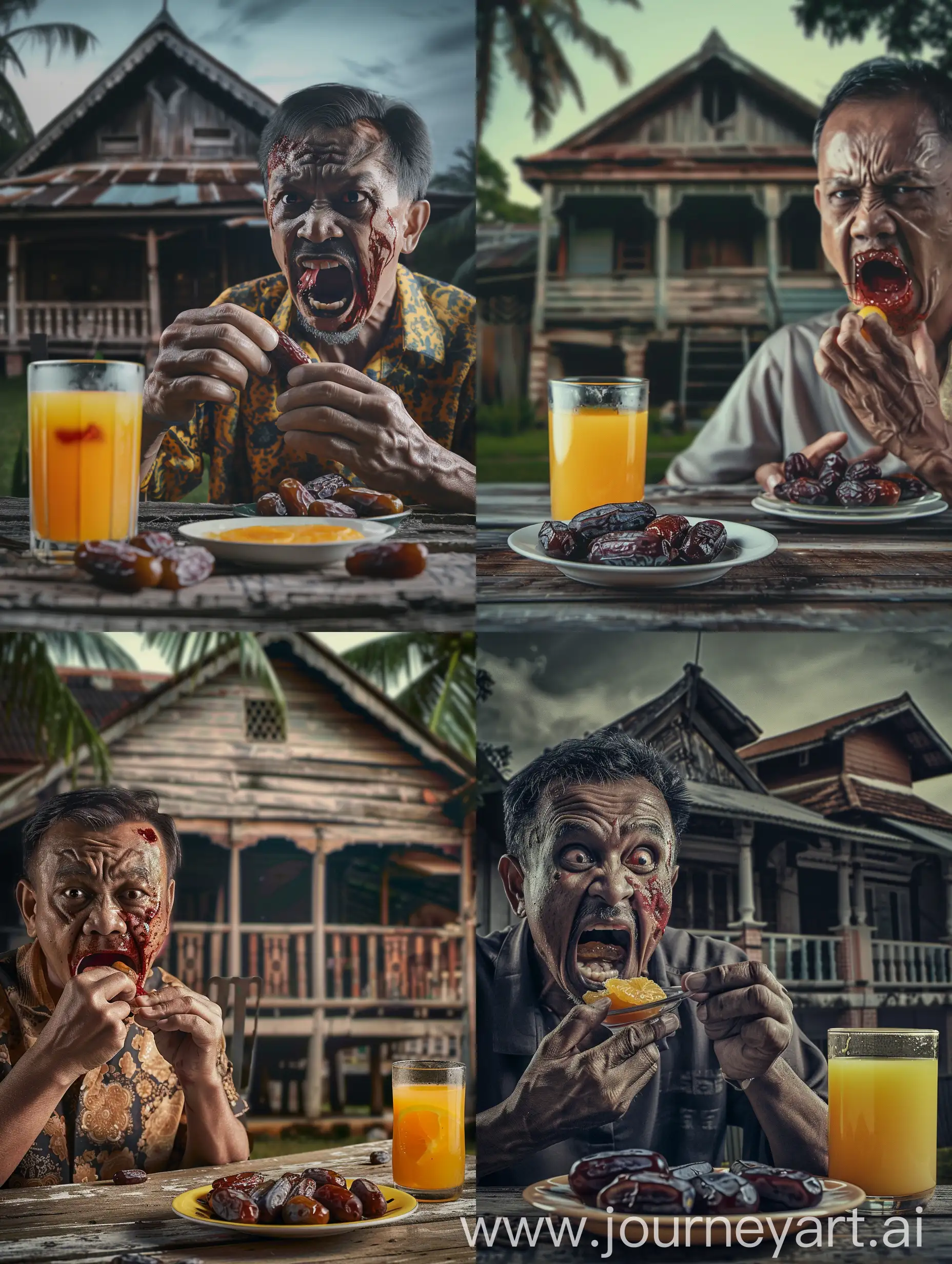 Malay-Man-Eating-Bleeding-Date-with-Orange-Juice-in-Traditional-Setting