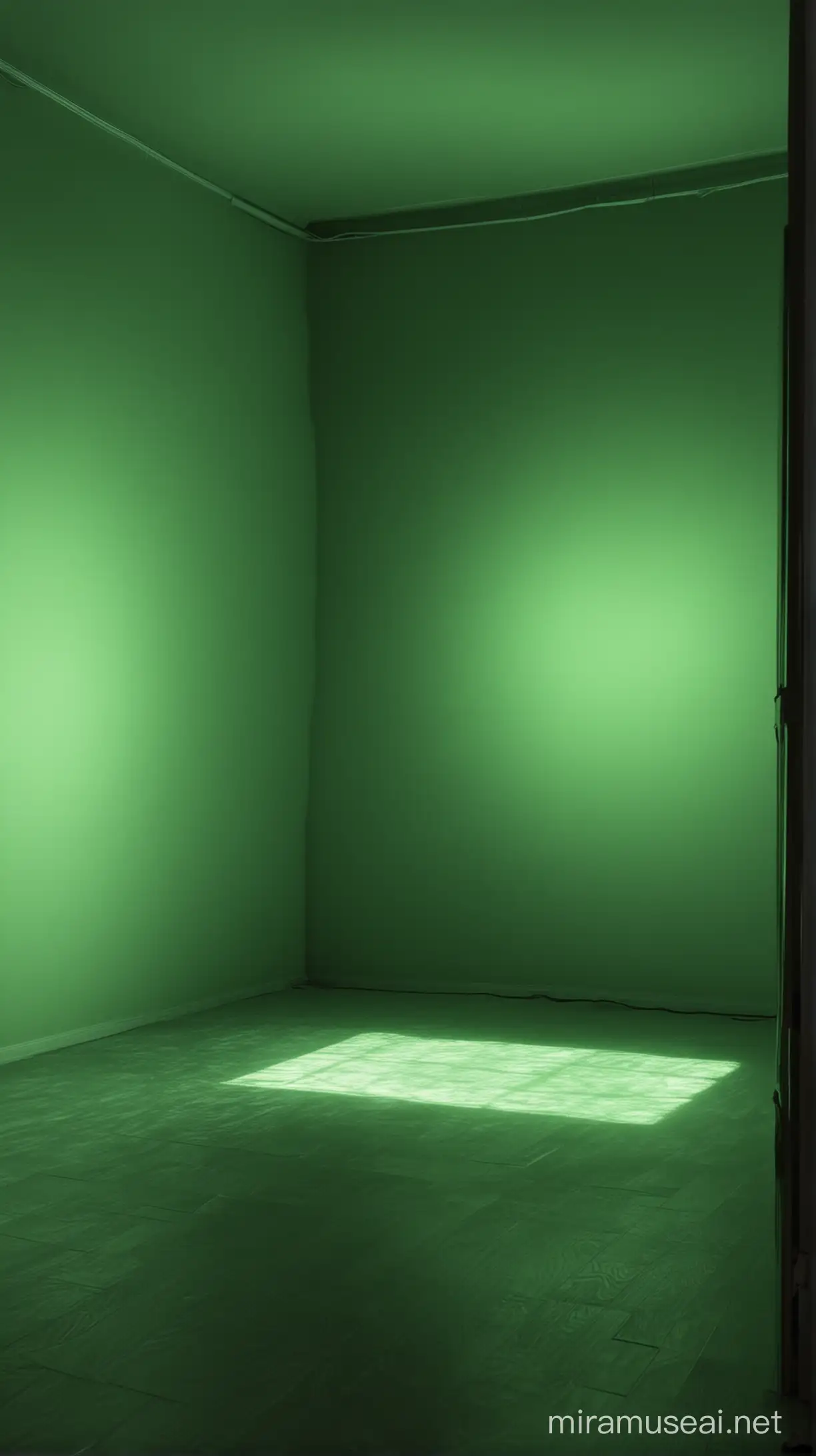 Create a realistic image of a room lit with monochromatic green light