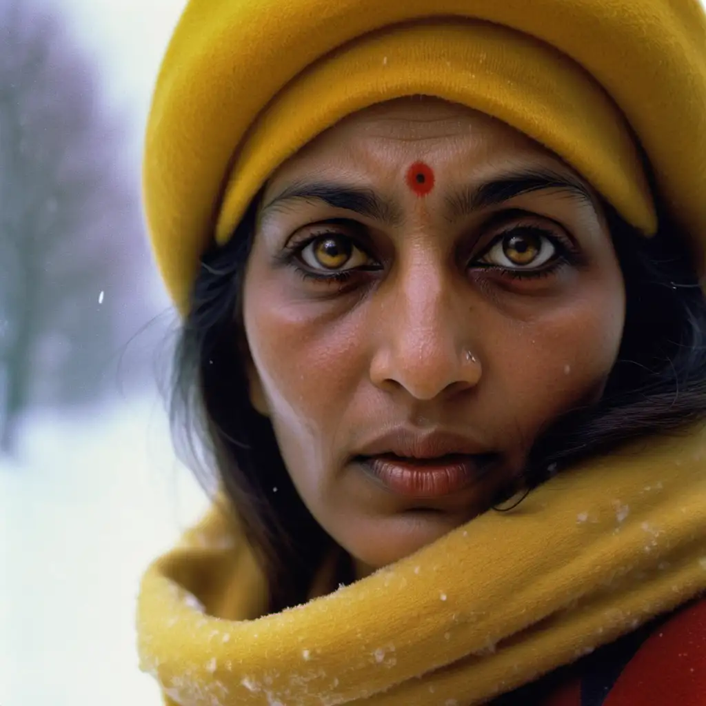 Zoomed in portrait of a south Asian woman, with emotive hazelnut brown eyes, wearing a vibrant yellow hat in a dull snow storm photographed by Henri Cartier Bresson
