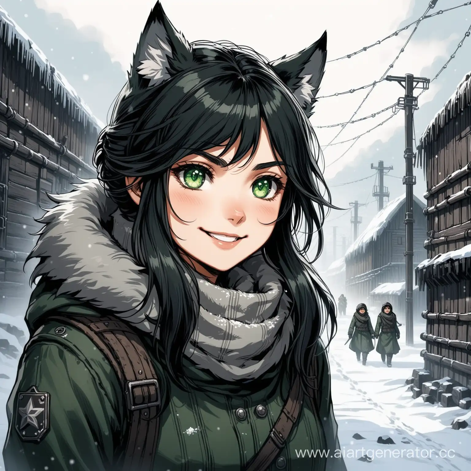 Happy Wolf girl black hair green eyes, Soviet Frostpunk GULAG