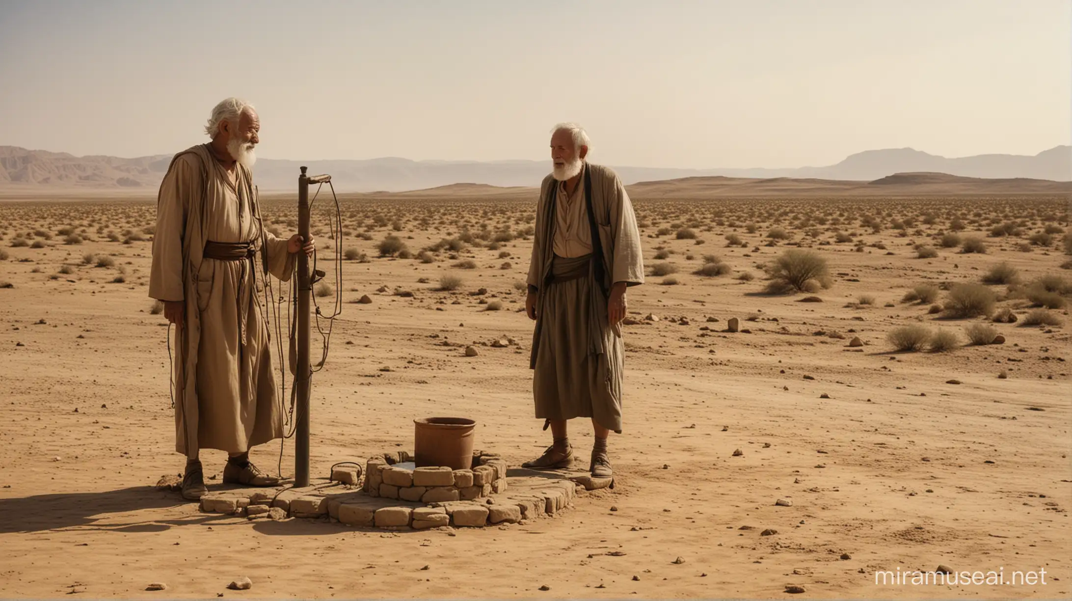 2 old men in the foreground, with a water well in the distance, set in a desert during the era of moses