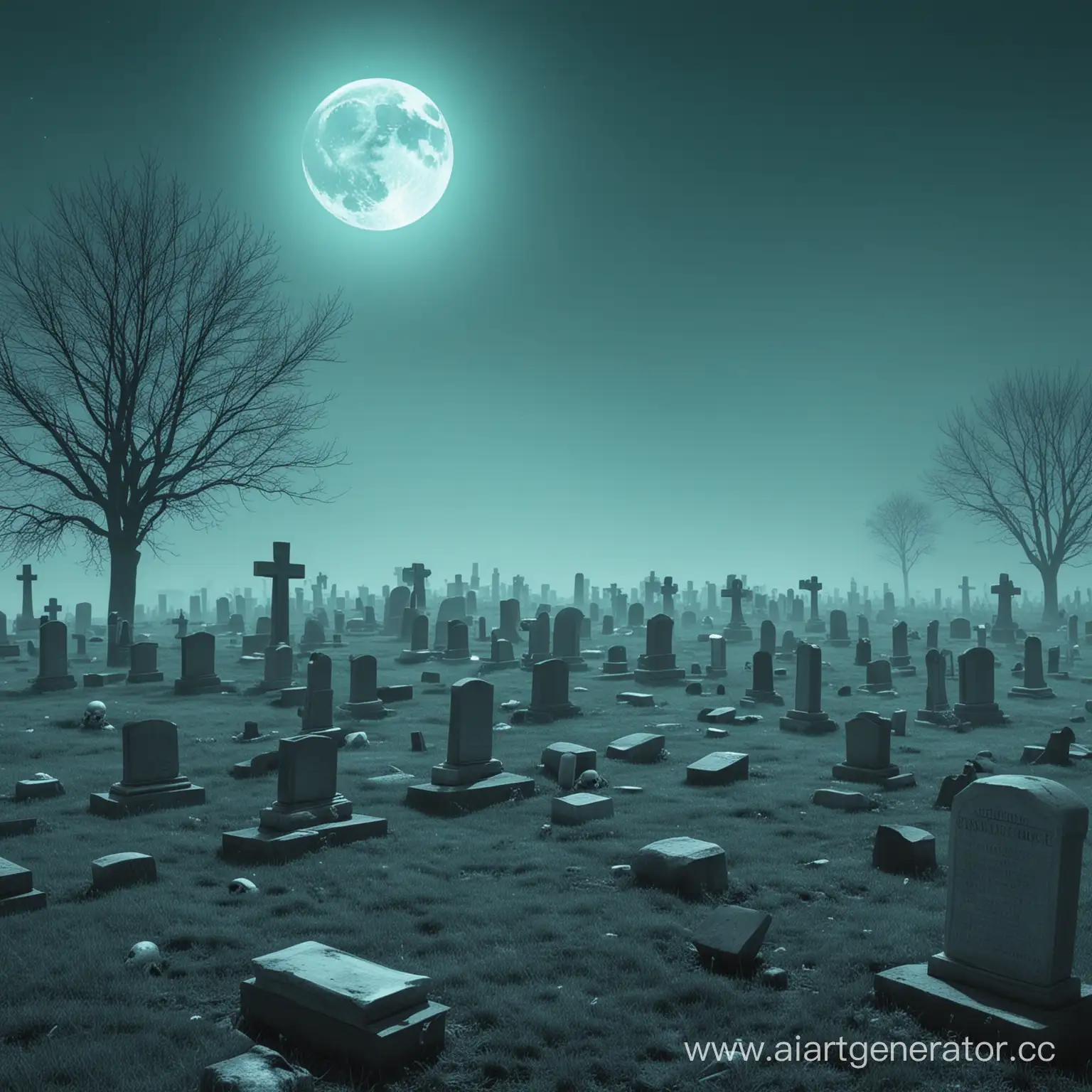 Кладбище, загробное полнолуние с бирюзовыми рассветом, души, черепа, смерть, туман