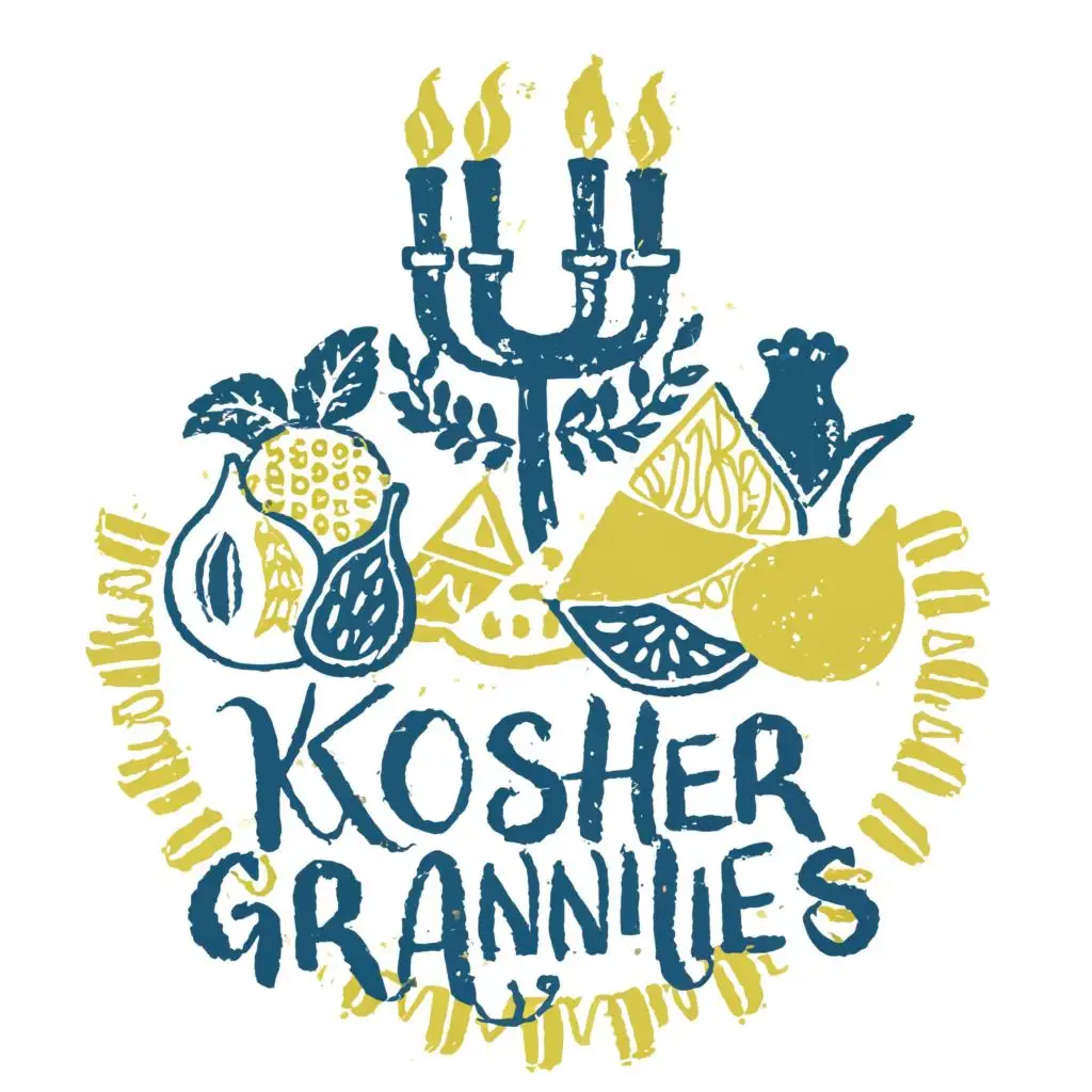 logo, Israel, yellow, blue, white, green, Menorah, Paul Klee, pomegranate, fig, lemom,.star of David, Jerusalem, on tablecloth, with the text "Kosher Grannies", typography, be used in the automotive industry