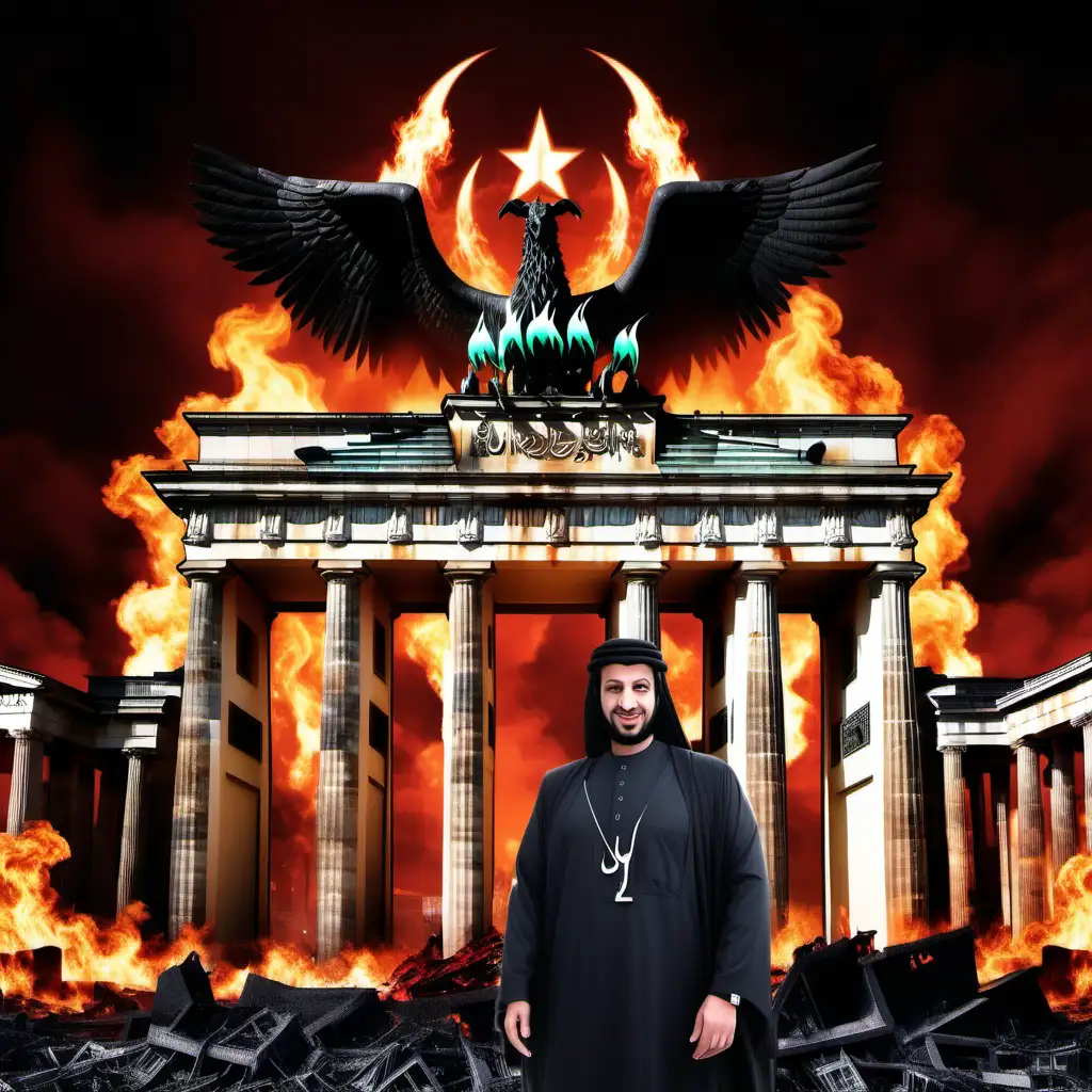 create an evil image of the brandenburg gate with islamic symbols and an evil image of mohammed bin salman in hell
