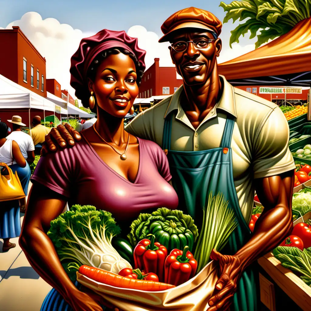 Cartoon African American Parents Shopping for Fresh Vegetables at the Farmers Market