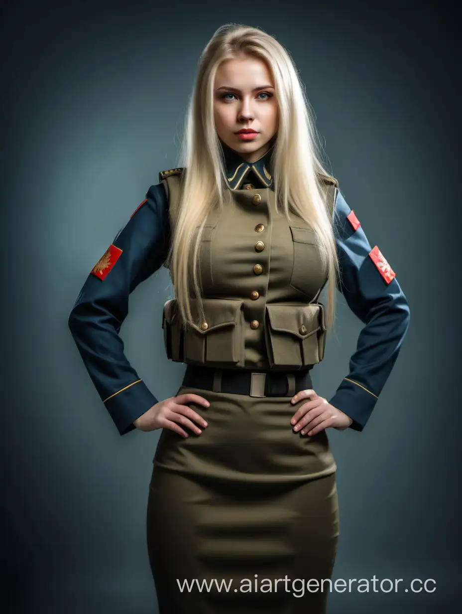 Русская, молодая девушка длинноволосая блондинка, с очень большой грудью, военная в плотной длинной военной юбке, в бронежилете, в плотной военной форме с длинным рукавом