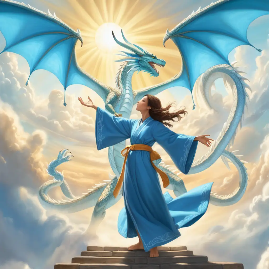 A brown haired woman dressed in blue robes standing with her arms reaching towards the sky. A beautiful large white dragon flies above her in the clouds with the sun shining
