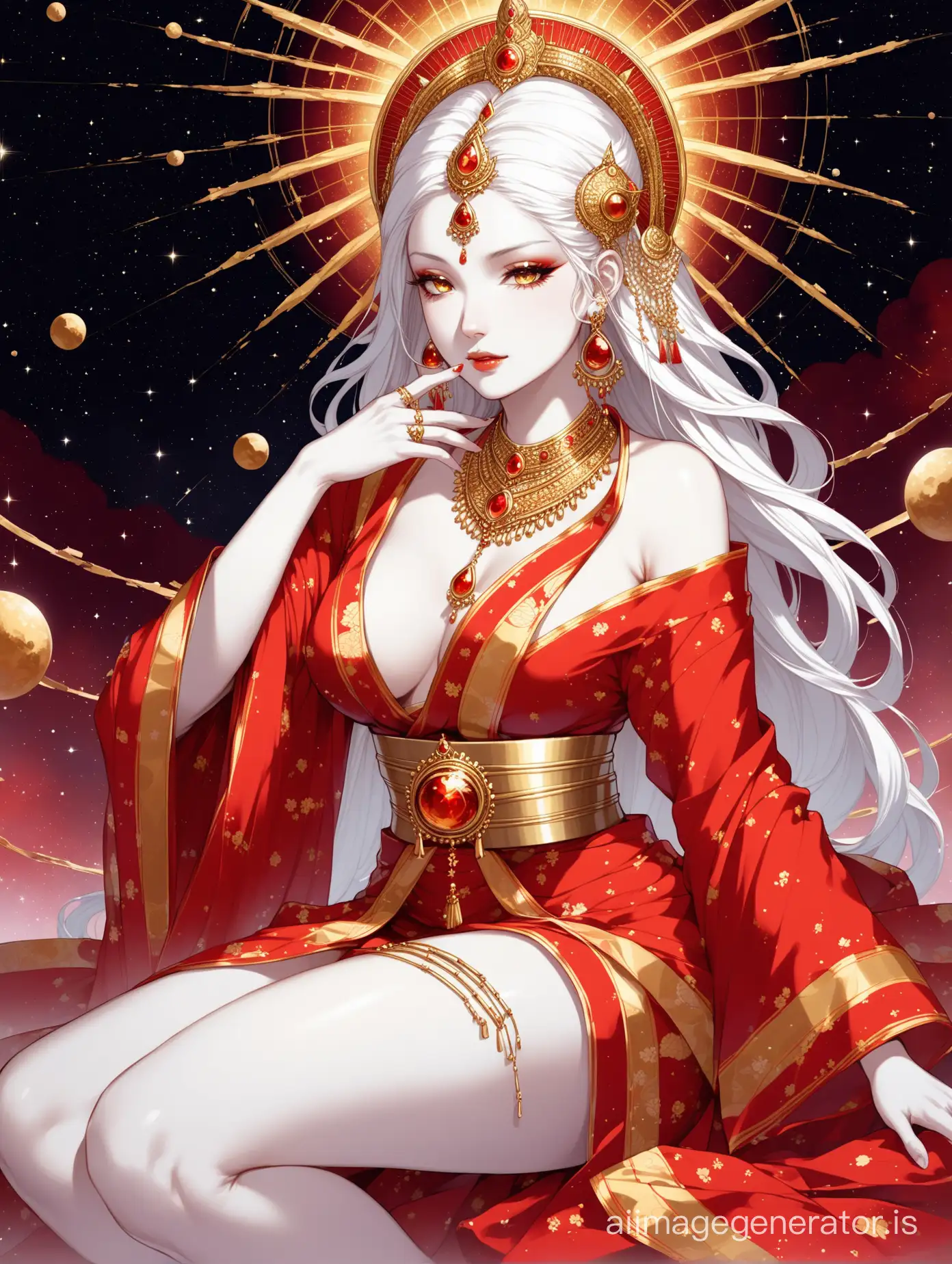 loving goddess shakti in red unfinished broken mini kimono and sitting gold jewellery watching down from the universe, bright white skin, seductive expression