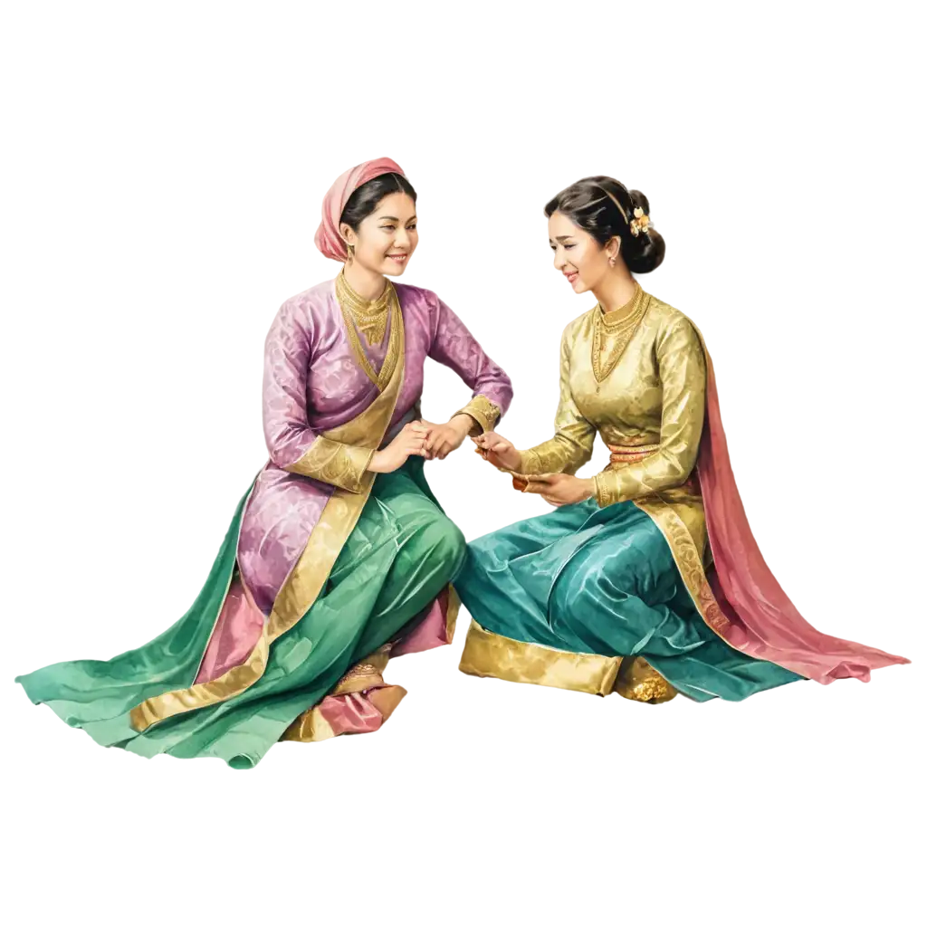 Stunning-Watercolor-PNG-Image-Two-Malay-Noblewomen-in-Traditional-Songket-Attire