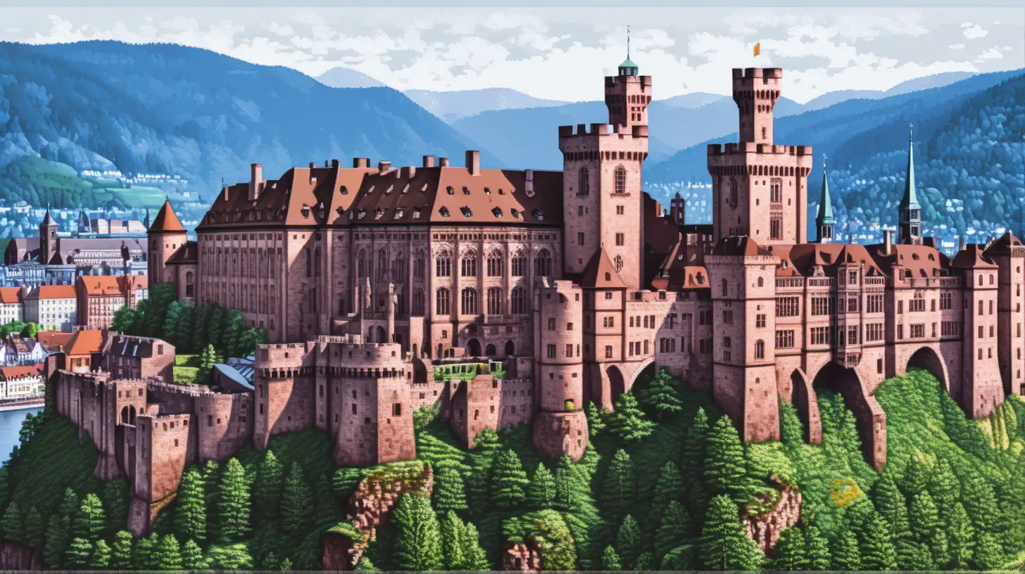 european landscape panorama heavily pixelated, with pixel  blocks filled with the Heidelberg castle, digital art