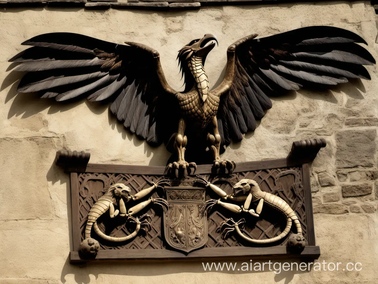 An animal with the head and wings of an eagle and the body of a lion and the tail of a scorpion a Tudor village. 