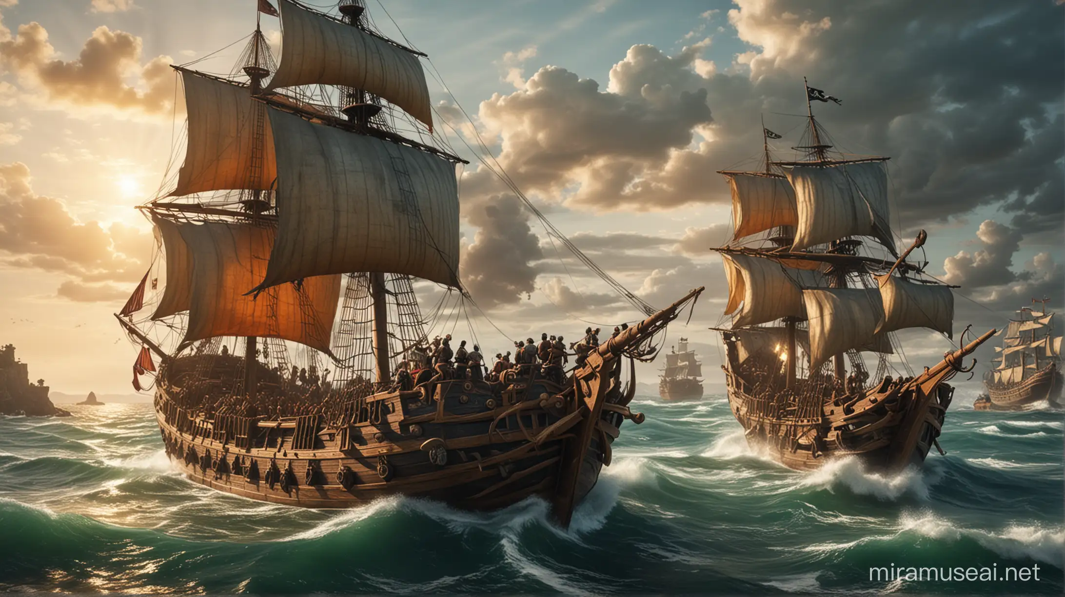 Intense Battle Scene Roman Ship vs Pirate Ship