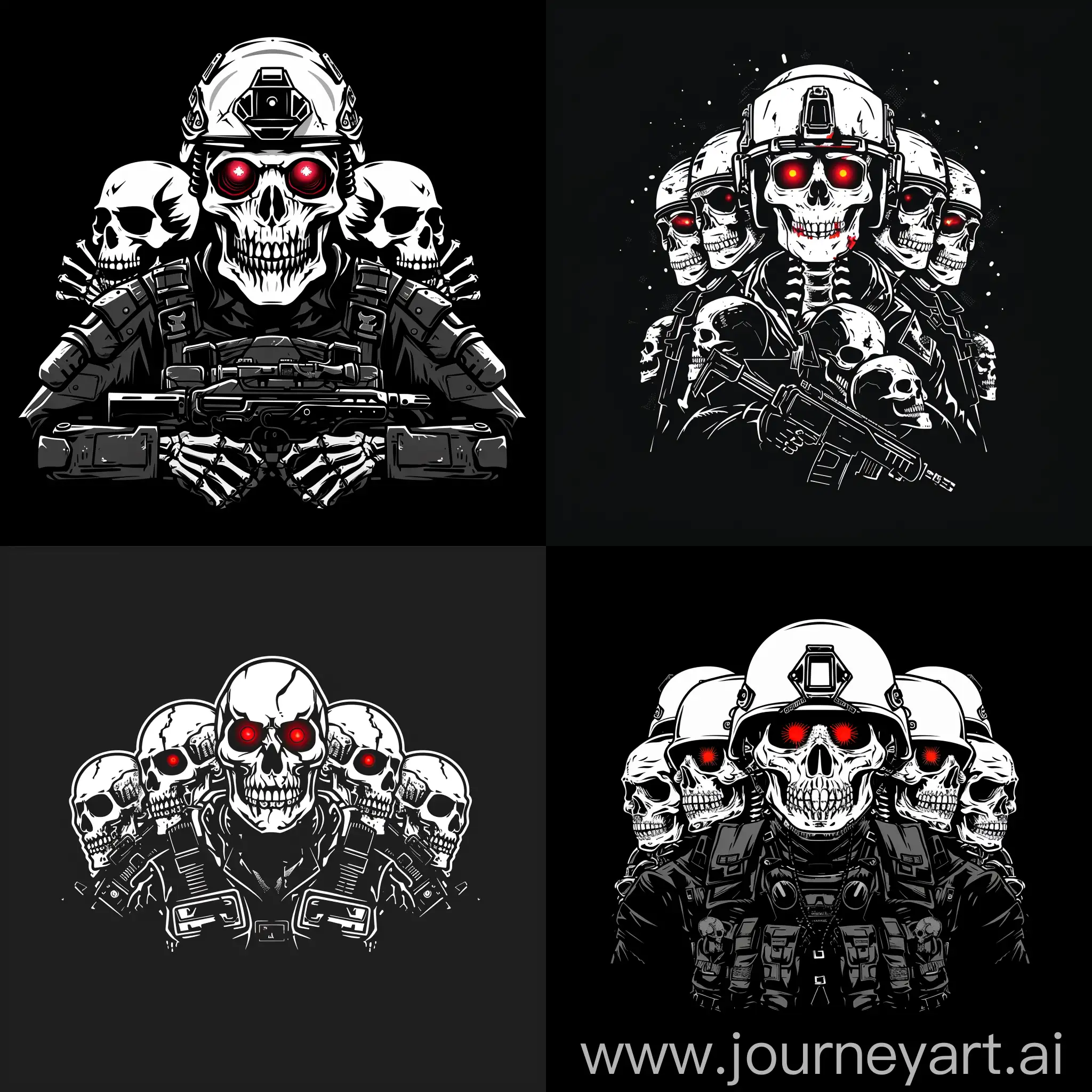 logo of 5 undead soldier look like a skeleton with modern military equipment, minimalism, glowing red eyes, skulls, black and white, black background