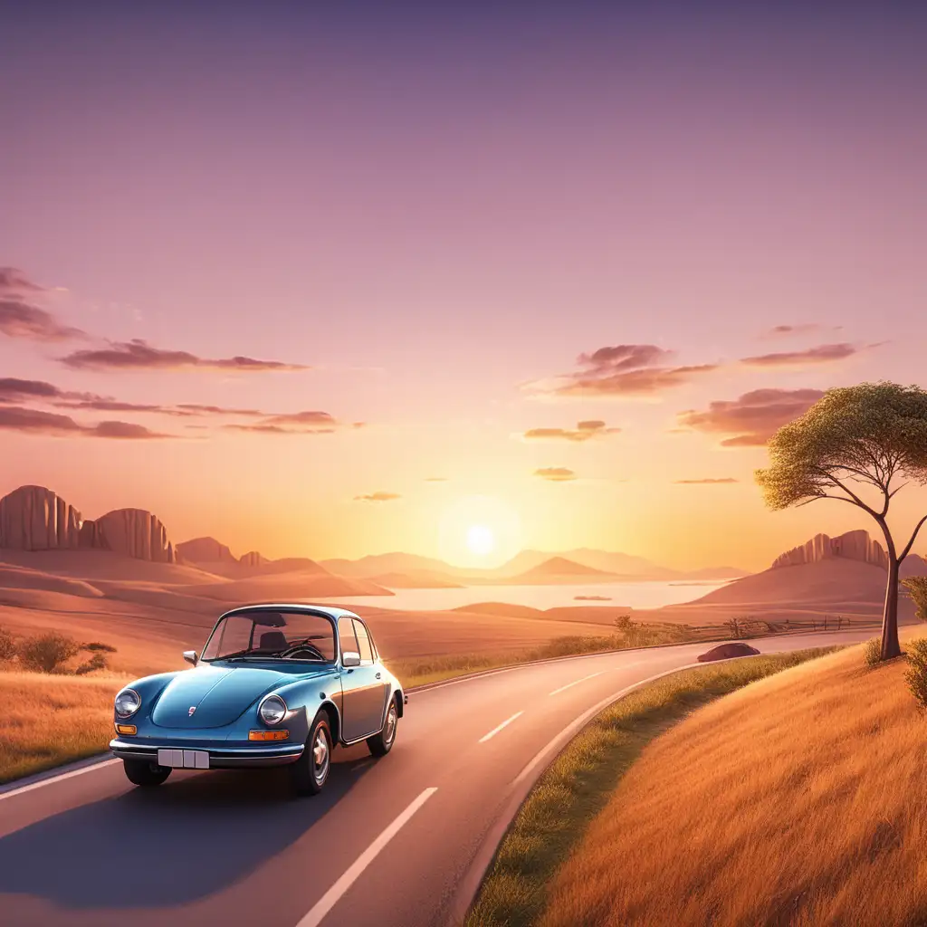 Create a 3D illustrator of an animated image of a car travelling in a beautiful landscape towards the beautiful sunset. Beautiful background illustrations.