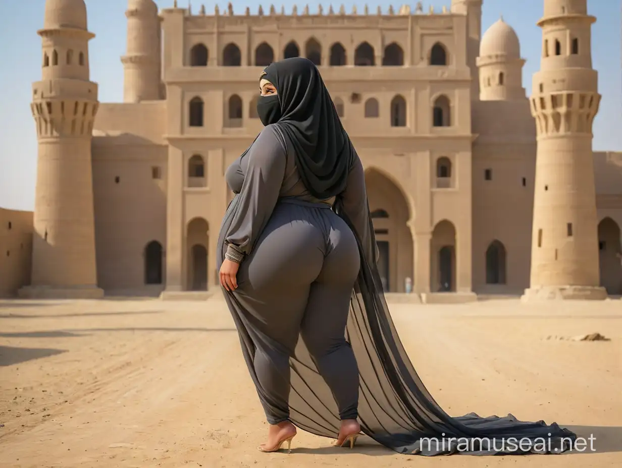 full color image, egyptian woman, burqa dress, huge bare butt, the background is a palace in rural egypt in the 1200s, rear view, curves, huge ass, huge ass, bubble butt, huge butt, big butt , bubble butt, long ass, fat ass, fat booty, long booty, fat legs, wide legs, wide hips, fat hips, feet, barefoot, heels