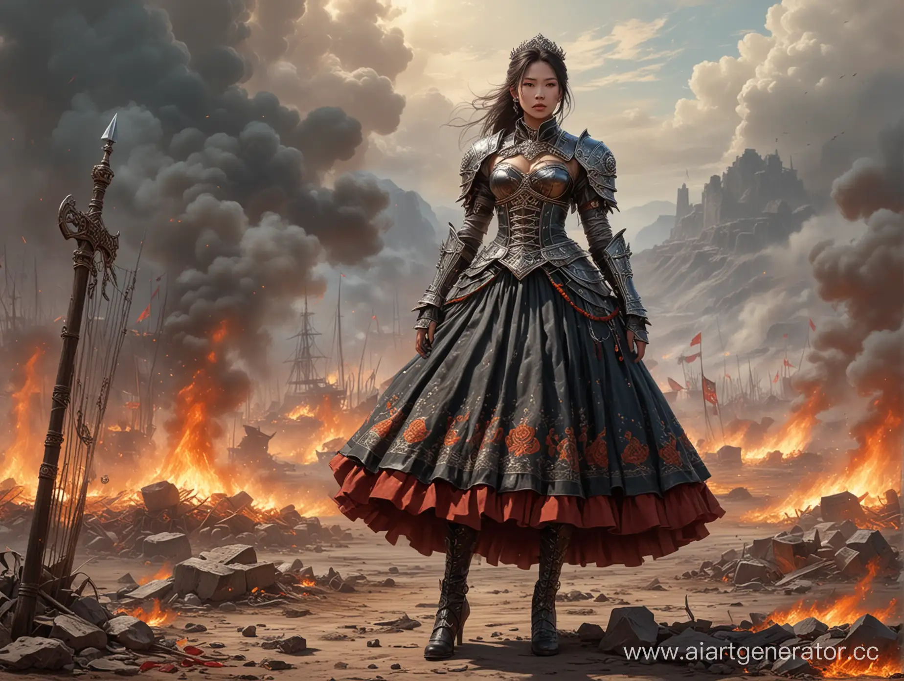 Female-Warrior-Miao-Ying-in-Warpstone-Armor-on-Flaming-Battlefield