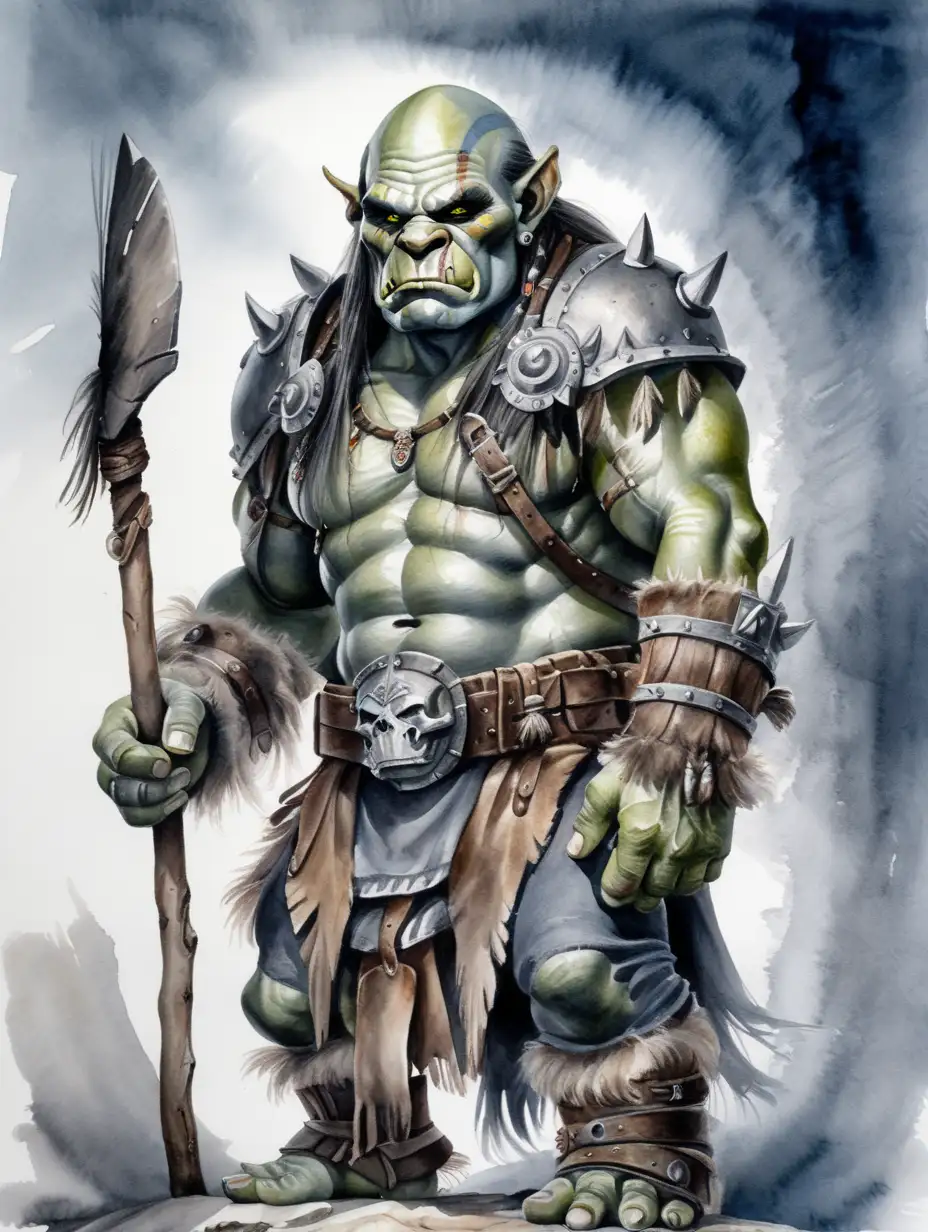 gray fantasy orc war chief posing, dark watercolor drawing, no background