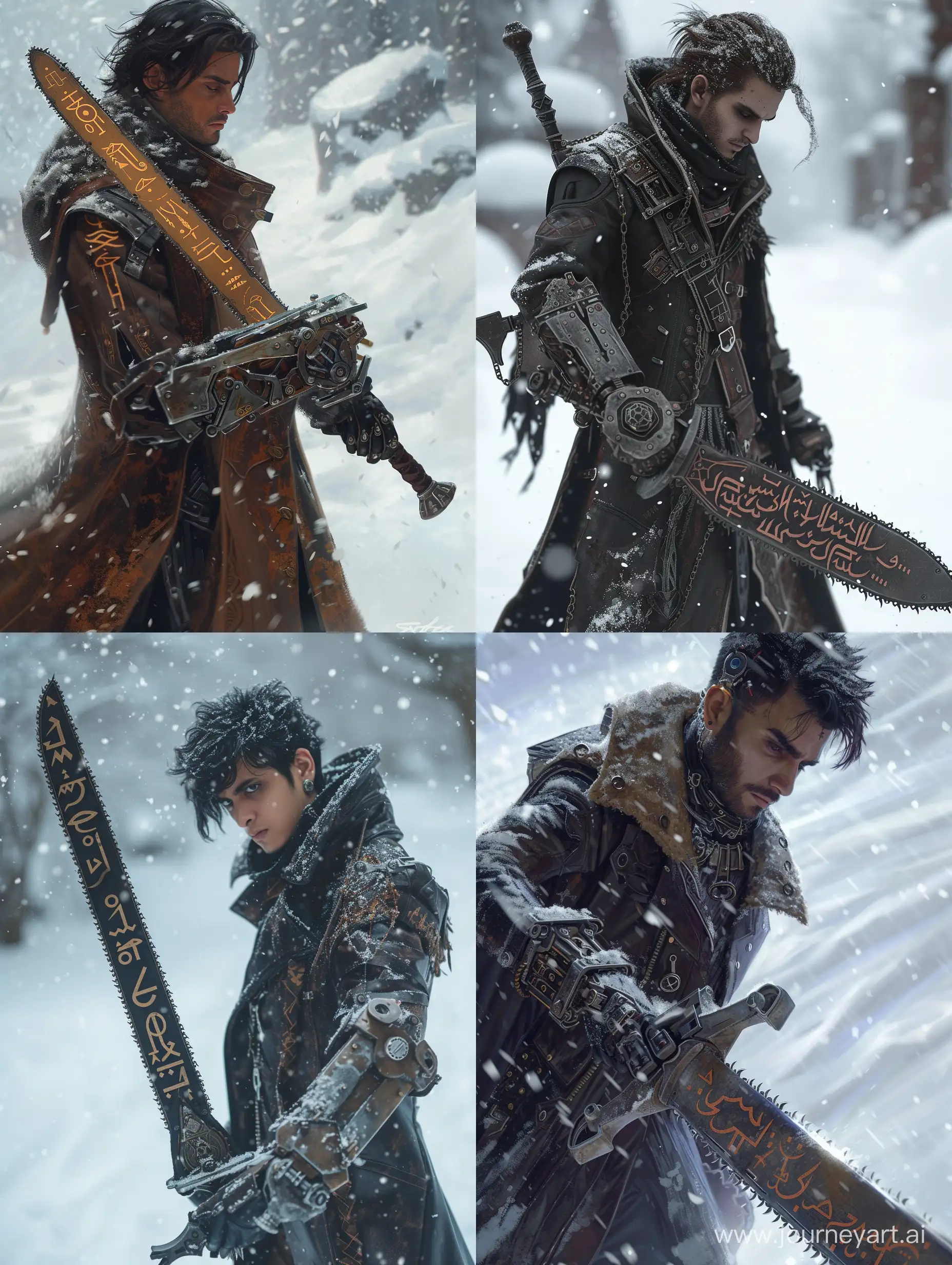 persian man[18 years old,handsome,beautiful,Long leather coat]with sword [chainsaw blades,cuneiform letters curving on it]and mechanical armglove[powerful,intricate],in snow,incredible detail,Steampunk.