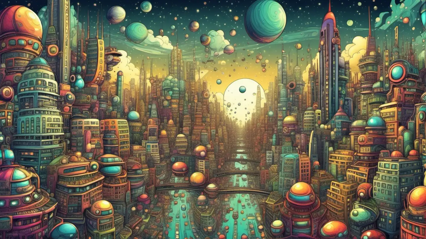 in cartoon style a colorful, surreal dreamlike image of a large, busy futuristic city, 