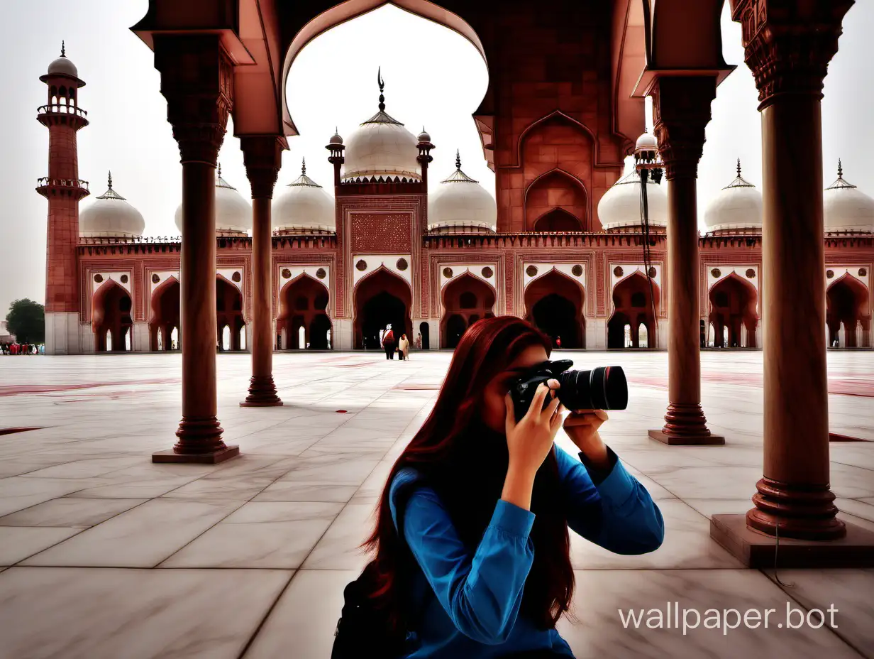 Create 3d designe " a girl doing photpgraphy in Badshahi mosque lahore