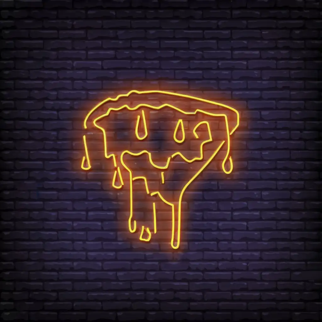 a logo design,with the text "pizza", main symbol:neon sign of melting pizza 
As the neon sign flickers to life, the vibrant colors of red, orange, and yellow illuminate the room, casting a warm glow reminiscent of a pizzeria on a bustling street corner. The sign, shaped like a classic pizza slice, hangs proudly on the wall, its outline outlining the familiar triangular form.

As the sign heats up, the neon tubes begin to soften, their bright hues melting and melding together in a mesmerizing display. The reds blend with the yellows, creating streaks of orange that dance across the surface like bubbling cheese on a fresh pie. The edges of the slice appear to soften, as if the crust is melting away under the heat.

Occasionally, a sizzle can be heard as the neon tubes reach their melting point, giving the impression of toppings bubbling and sizzling in a hot oven. Despite the liquefying effect, the shape of the pizza slice remains discernible, albeit with a slightly warped and surreal appearance.

As the neon sign continues to melt, it exudes a nostalgic charm, evoking memories of cozy nights spent enjoying slices with friends or family. The sight of the melting neon pizza sign becomes a whimsical reminder of the simple pleasures found in a perfect slice of pizza.,Moderate,be used in Restaurant industry,clear background