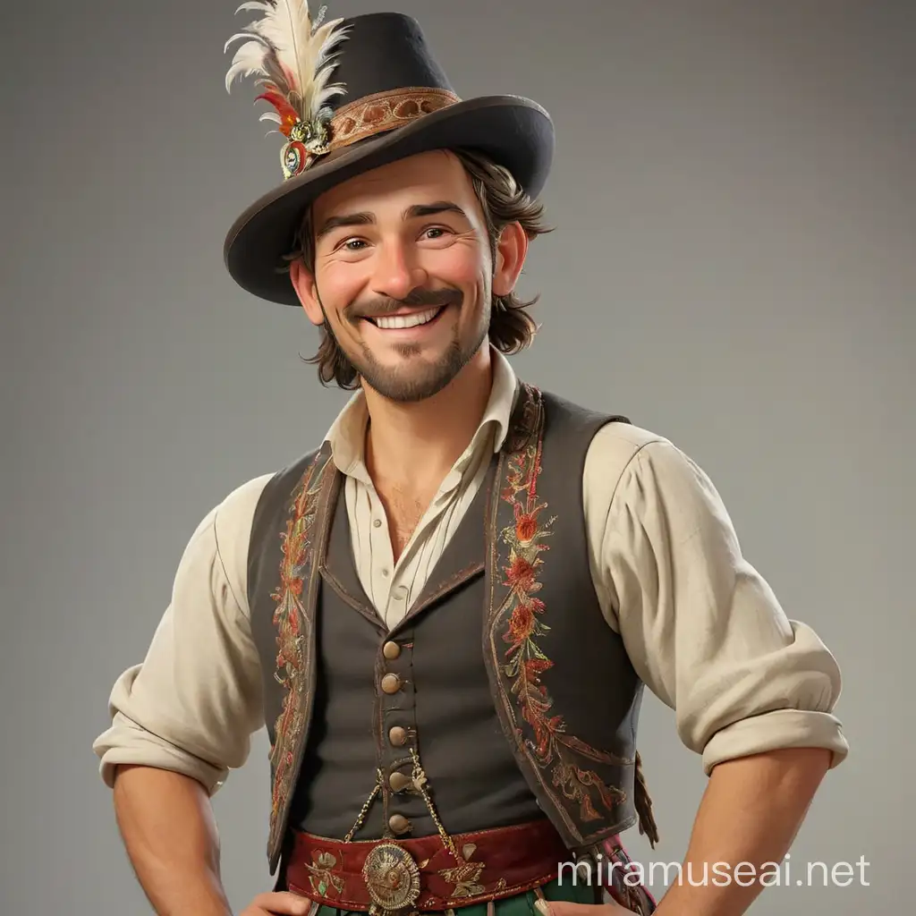 
A man, we see him in full growth, with arms and legs,  living at the end of the 19th century, in the national Hungarian costume: he is wearing a hat with a feather, a vest embroidered with ornaments, and he is smiling. In the style of realism, 3D animation