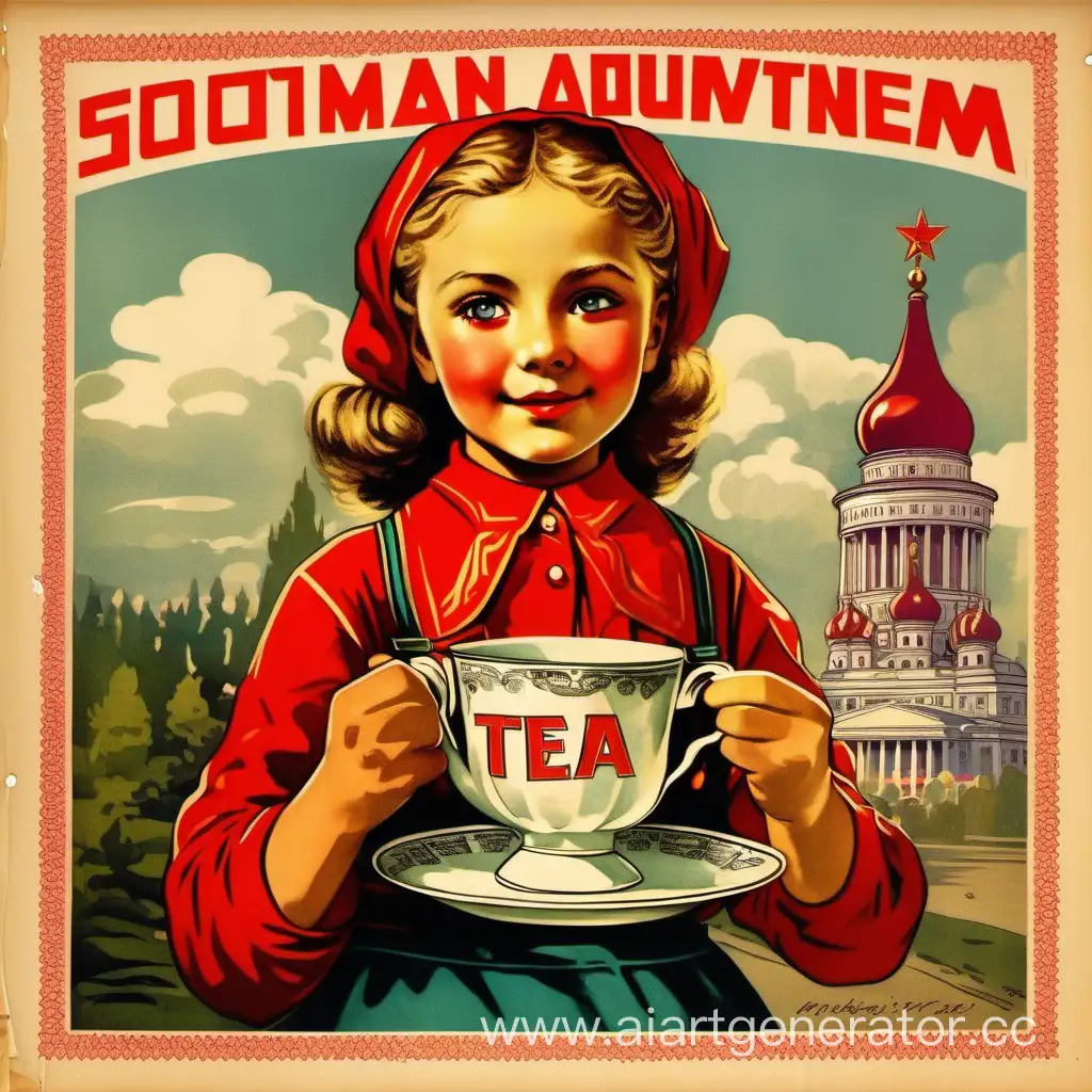 сделай рекламу в советском стиле с молодой девушкой рекламирующей чай, на русском языке