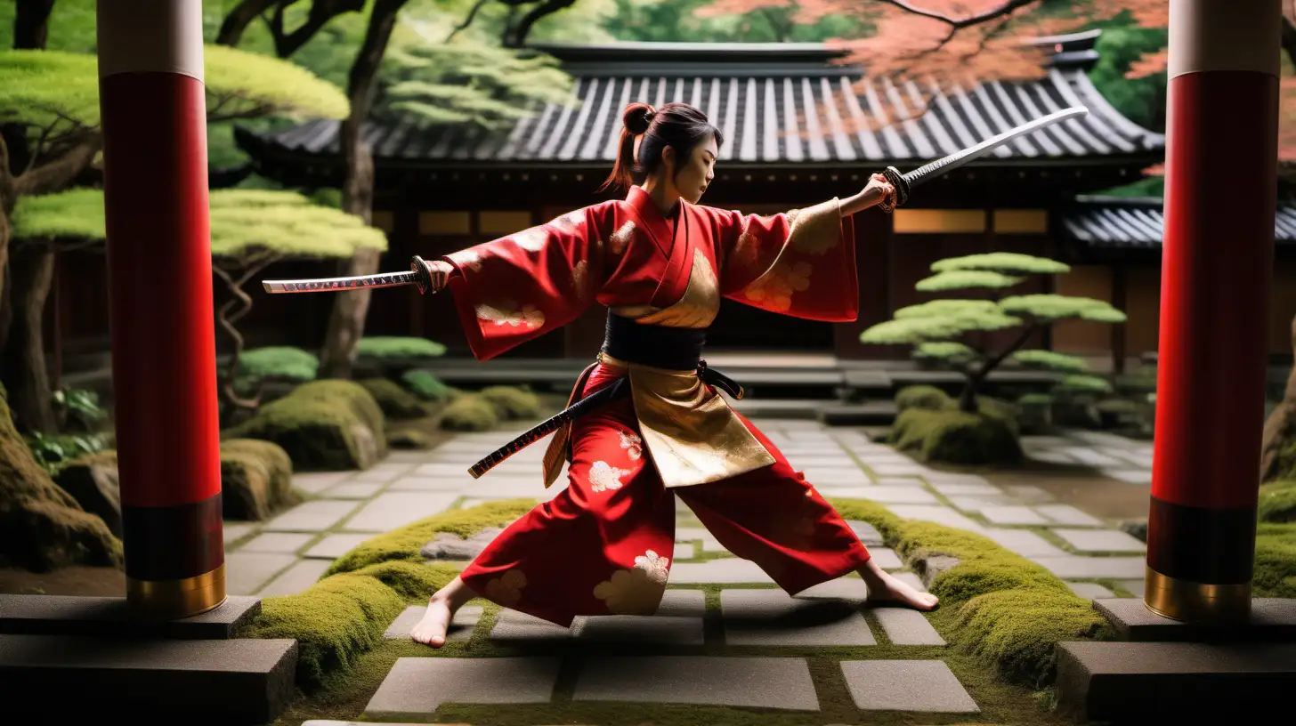  A gorgeous young lady, samurai, dressed in a traditional Japanese dress, flowy, red with gold inserts and motifs. She performs fighting moves with an authentic katana. The setting is dreamy, with lush greenery in an old Japanese temple. Aerial panorama 