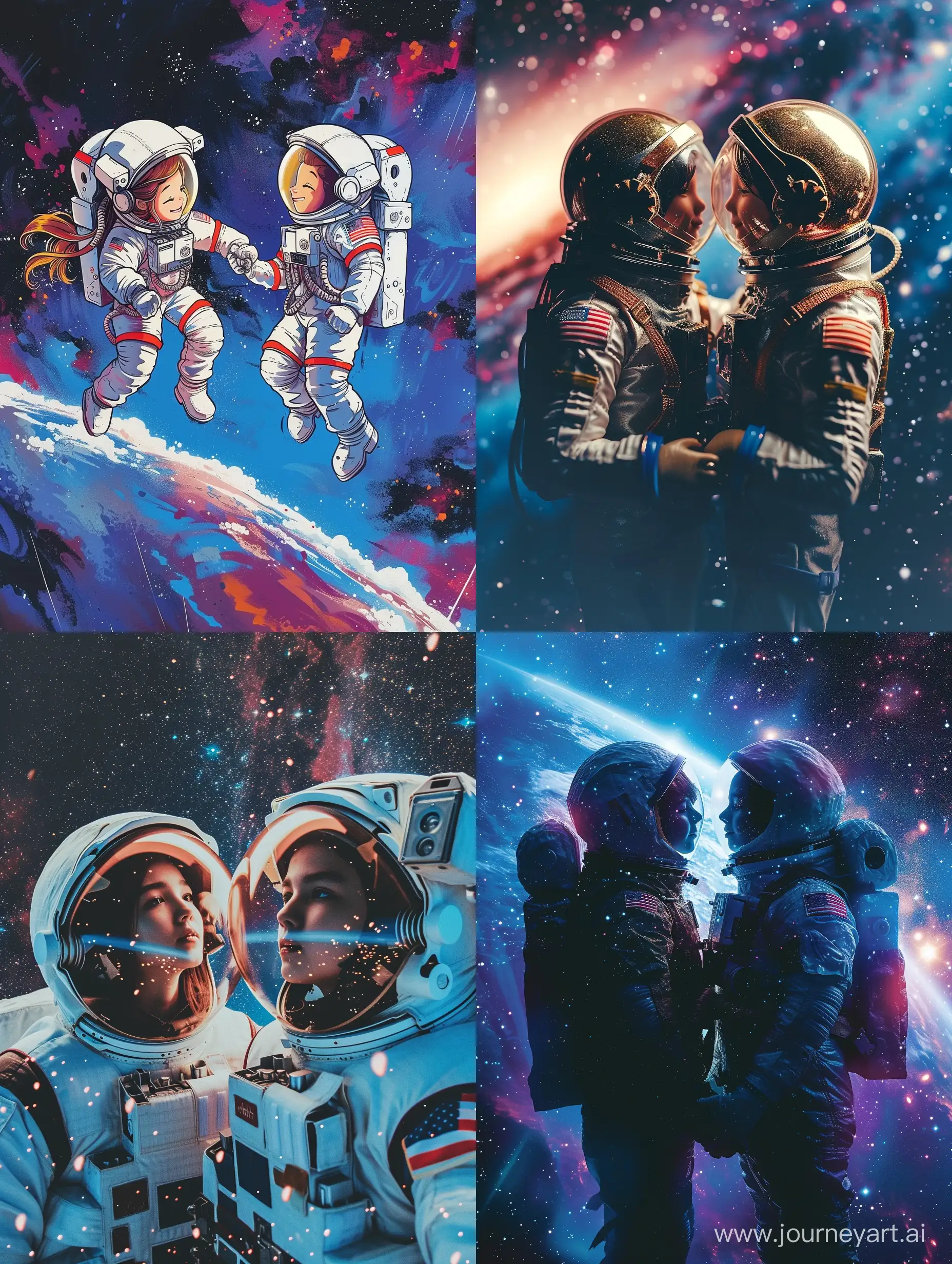 девушка и парень космонавты влюблены в друг друга, на фоне вселенной необъятных размеров