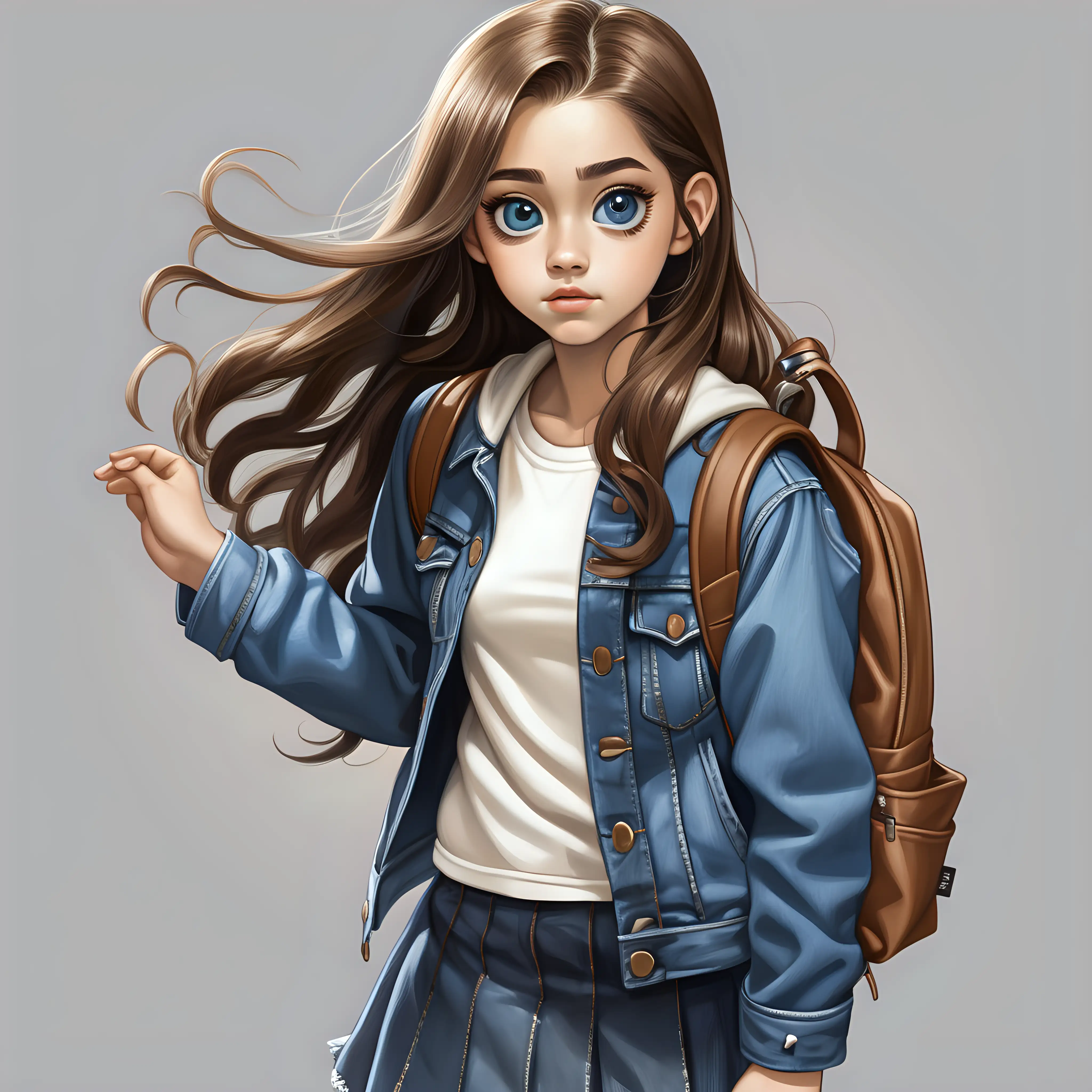 White teenage school girl with big eyes long hair wearing a skirt shirt and blue jean jacket with brown boots and a brown backpack show length of full body