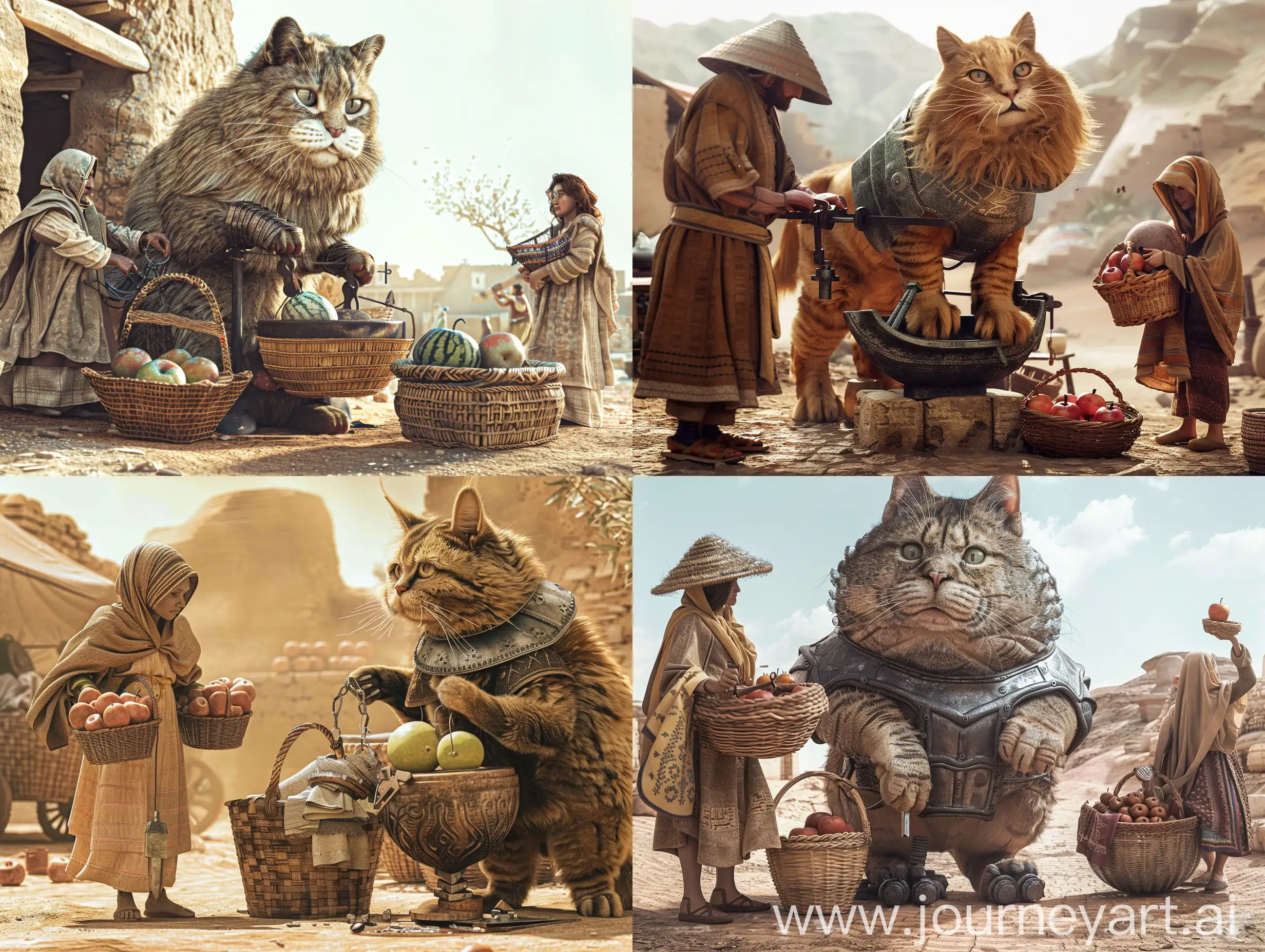 Ancient-Blacksmith-Crafting-Iron-Armor-for-Giant-Persian-Cat-and-Sister-with-Shawls-and-Giant-Apples