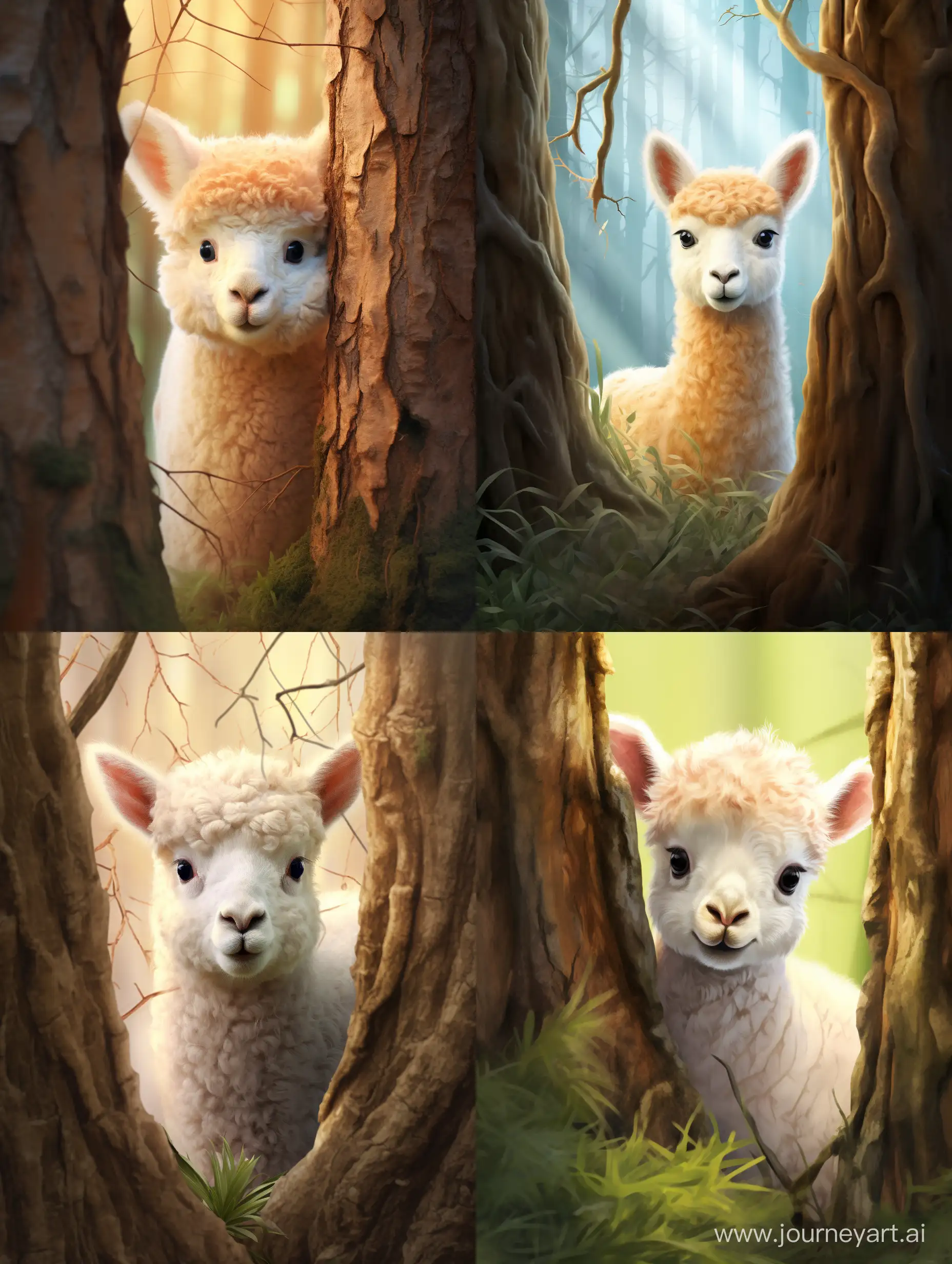 Enchanting-Forest-Encounter-Adorable-Baby-Alpaca-Peeking-from-Behind-a-Tree-in-Hyperrealistic-Fantasy-Scene