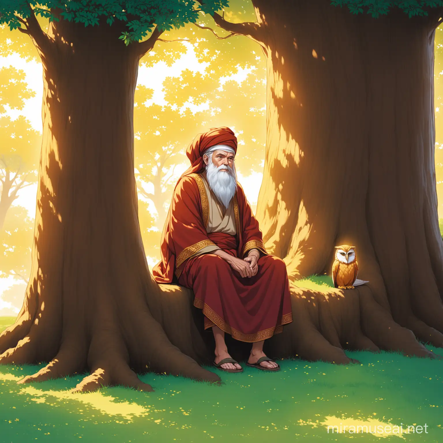 Contemplative Elderly Man Relaxing Under a Serene Tree