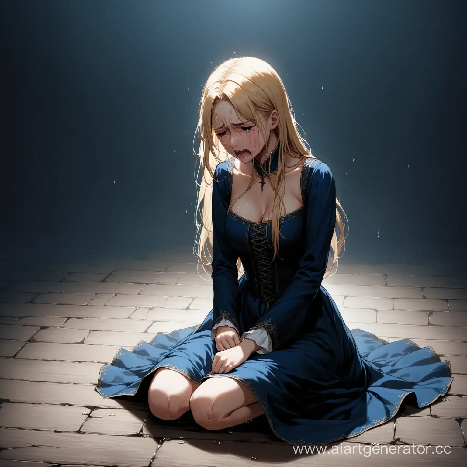 Sorrowful-Blonde-Girl-in-Medieval-Attire-Crying-on-Dark-Blue-Floor