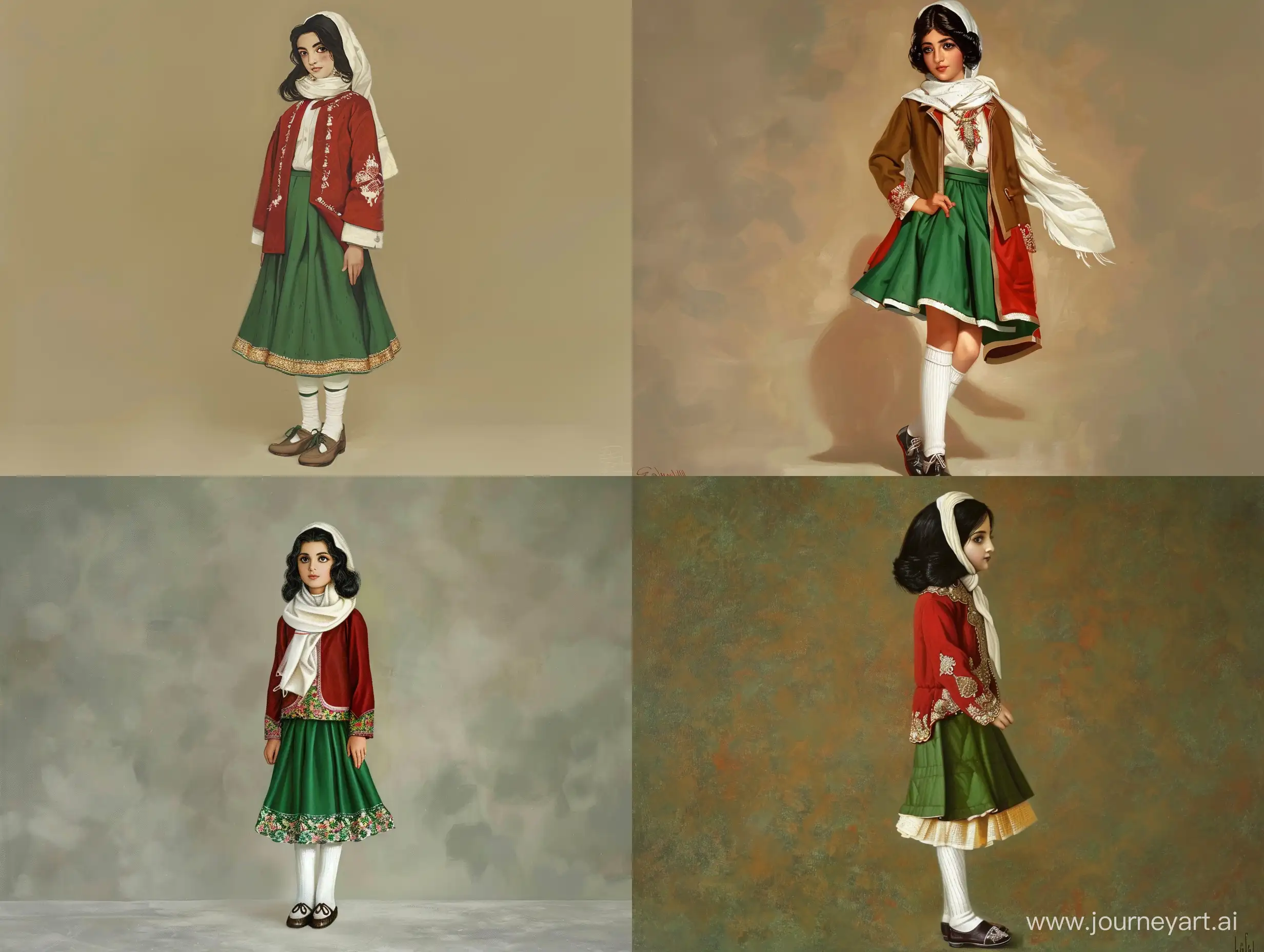 generate the ghajari girl painting who is standing and wore a green skirt and white socks with traditional red coat. here hair is black and a white silk scarf on her hair. pay attention to be as close as possible to the Miniature iranian paintings