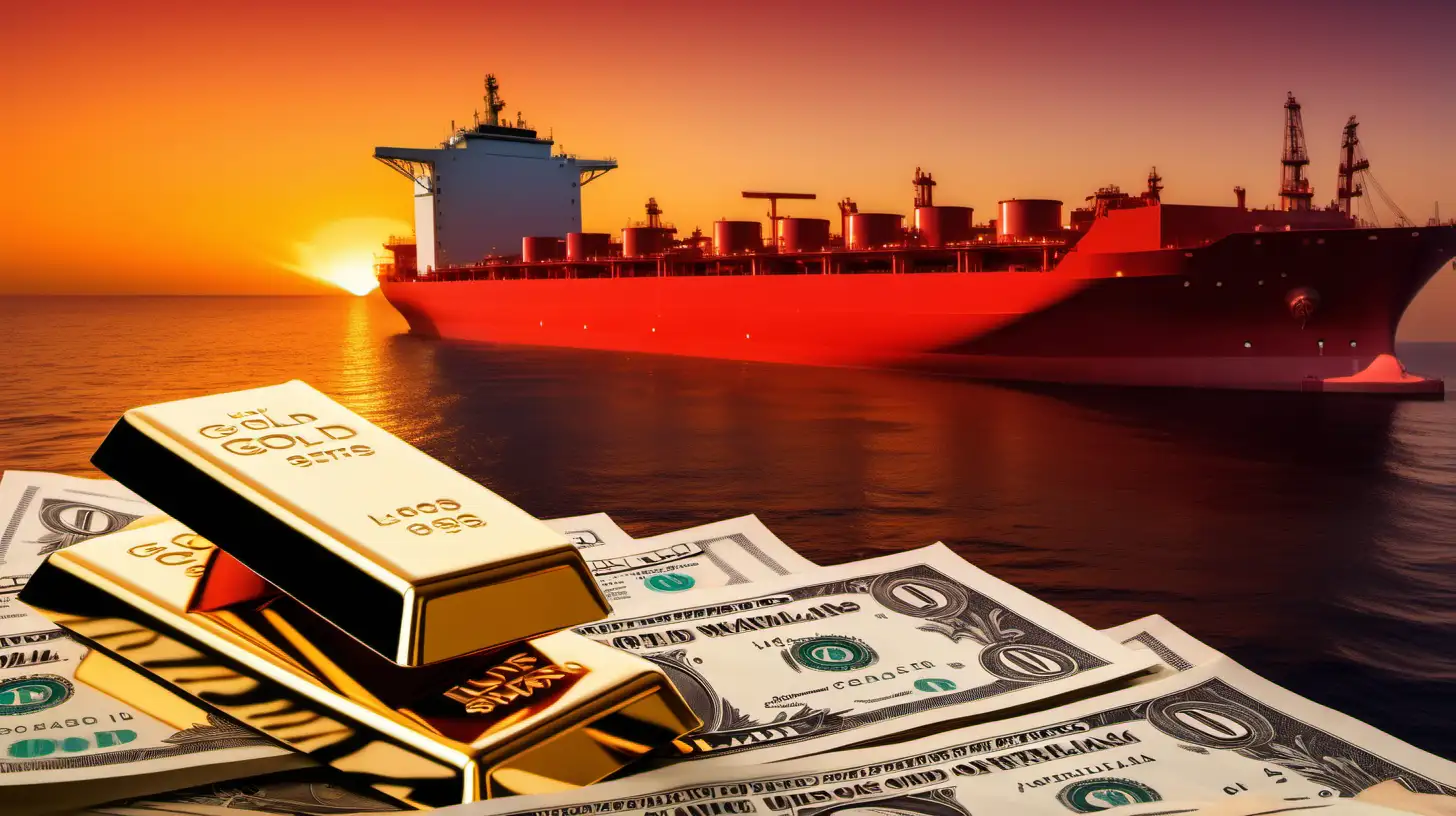 GOLD BARS,  DOLLAR NOTES AND BEHIND IS A RED HUGE GAS OIL LNG SHIP CARRYING ONLY GAS AND OIL, BLENDED IN ONE SECONDARY BACKGROUND IMAGE, IN SUNSET