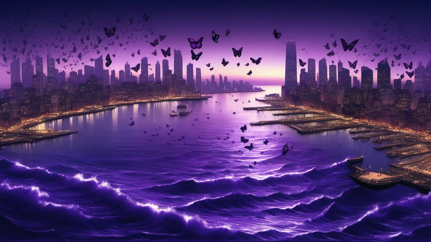 I want to see a harbor at night with a faint shadow of light on ocean water at night,  purple butterflies in the distance, waves emerging, representing safety, with skyline in the background