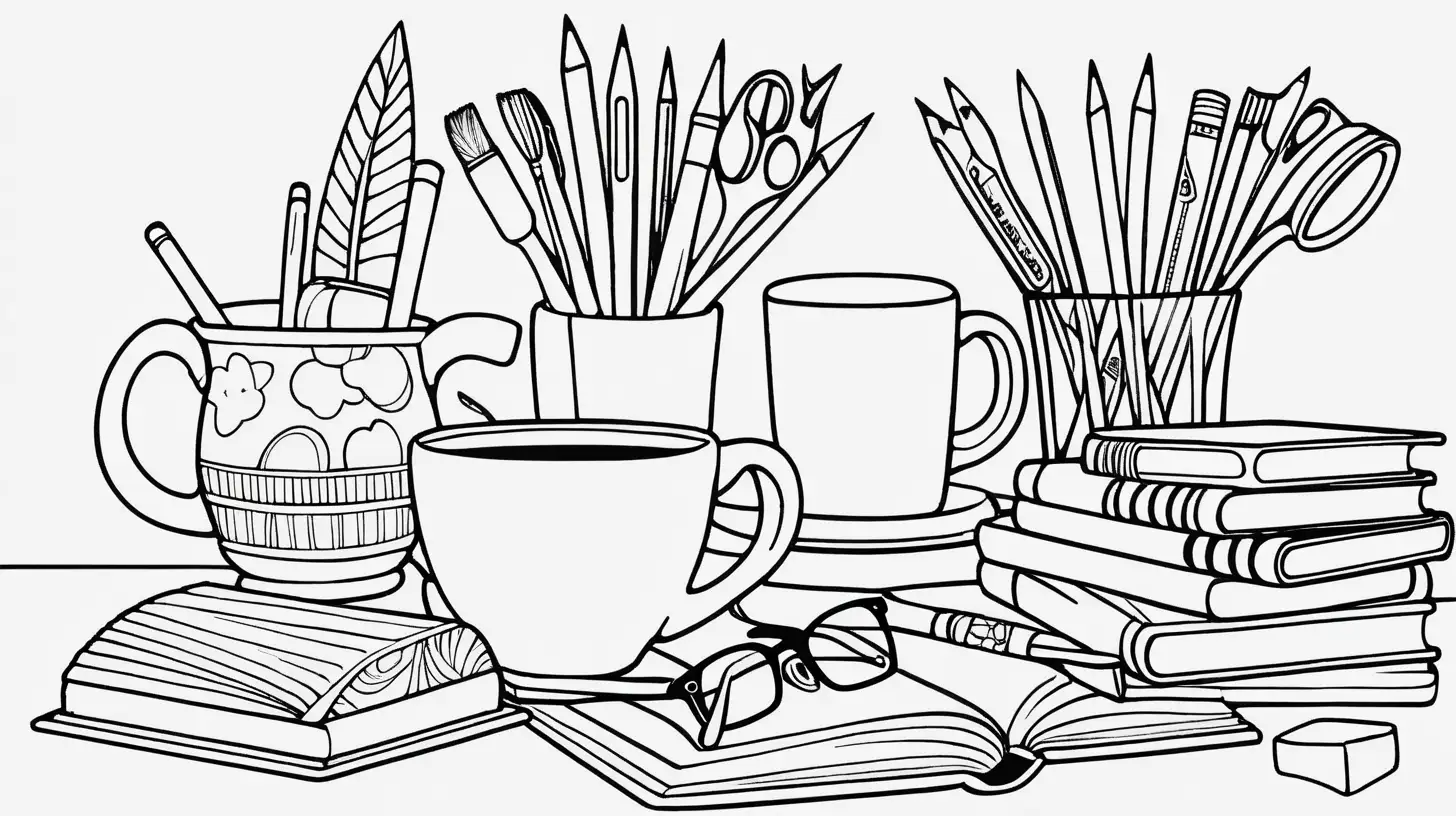 Create a diverse coloring page showcasing everyday household items. Include common objects such as a coffee mug, a book, a vase, a clock, and a pair of glasses. Design simple and clear outlines for each item to make coloring easy and enjoyable. Arrange the items in a balanced composition, allowing for creative coloring possibilities. Capture the essence of daily life by adding subtle details to each object. The goal is to provide a calming and familiar coloring experience that reflects the simplicity of household items.