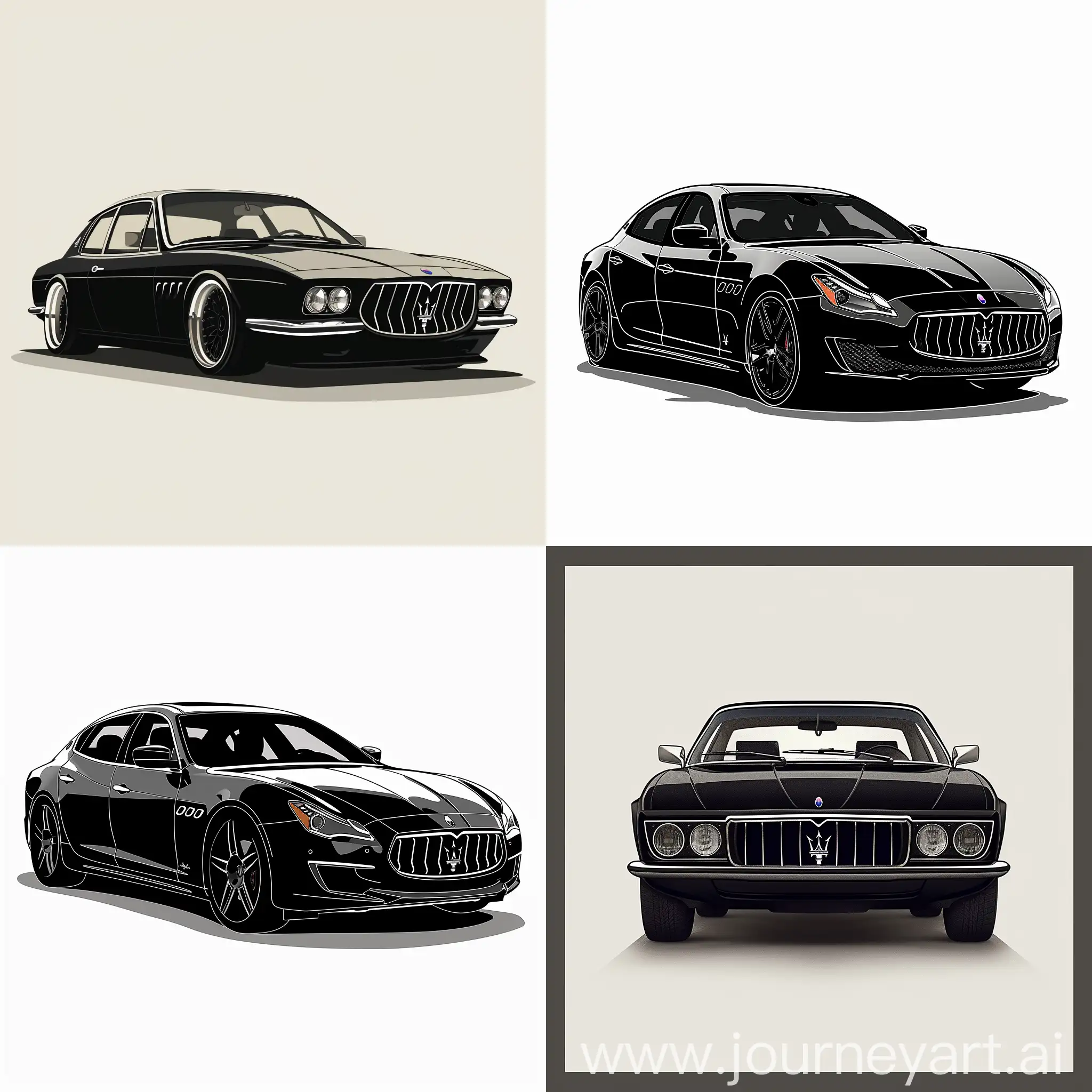 Minimalism 2D Car 2/3 View Illustration of: Black maserati quattroporte, white Background, Adobe Illustrator Software, High quality 