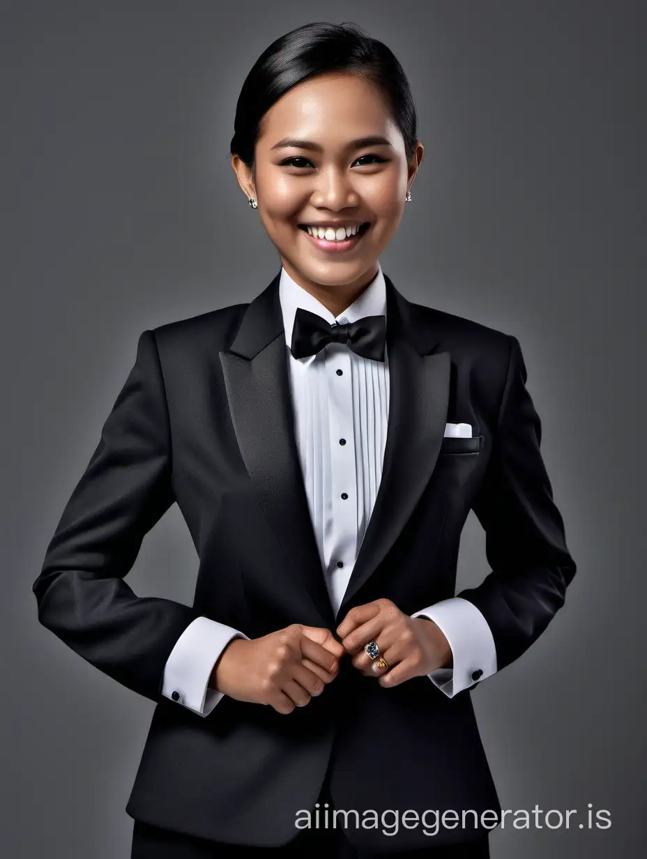 Smiling  Indonesian woman wearing a tuxedo.  Her jacket is open.  She has cufflinks.