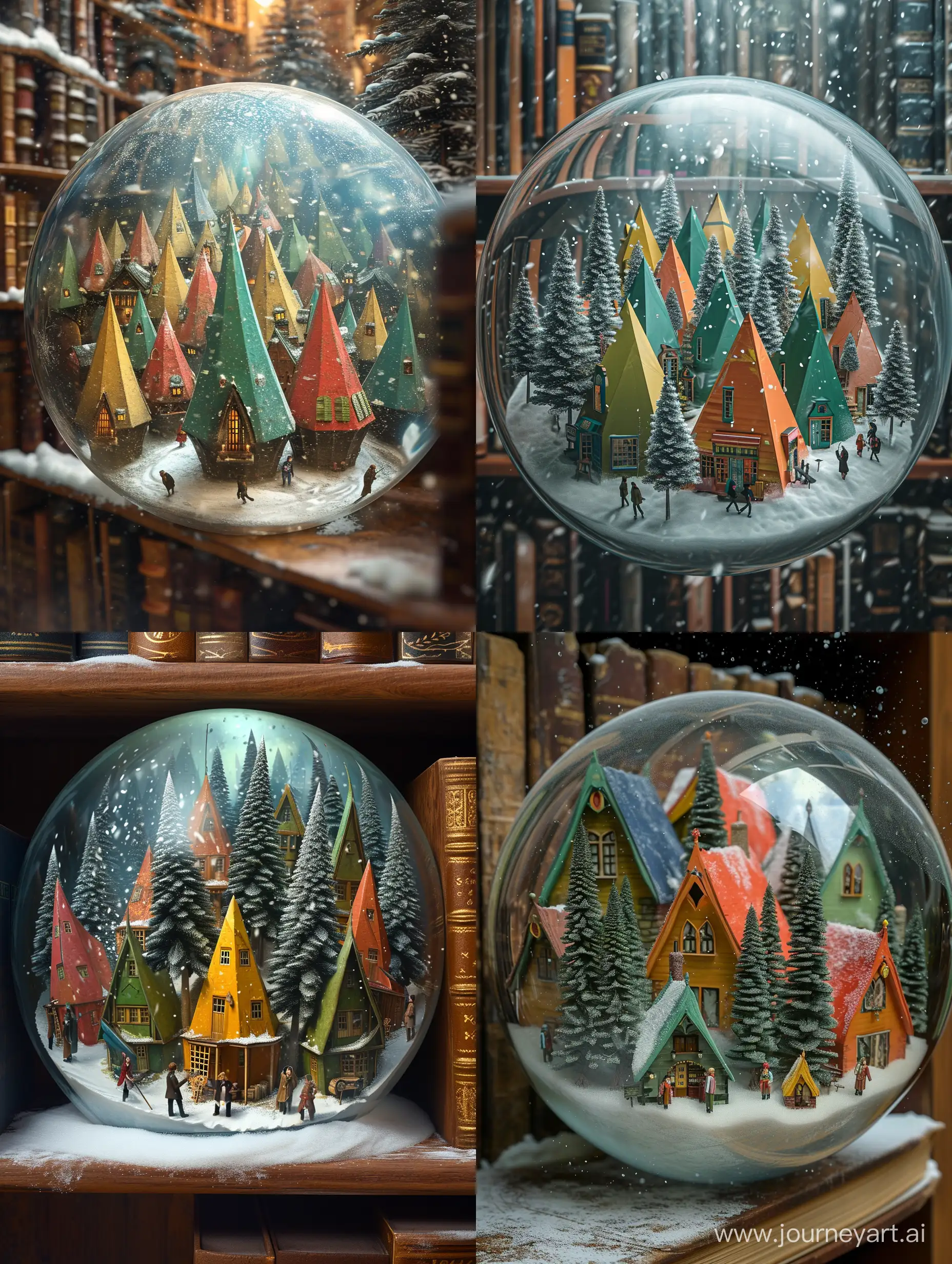 village with many colorful triangular houses in a glass sphere,
living people,magical, in winter, snowing,inside a library shelf, between books,extremely detailed,ultra detail,natural light,harry potter,hobbit.