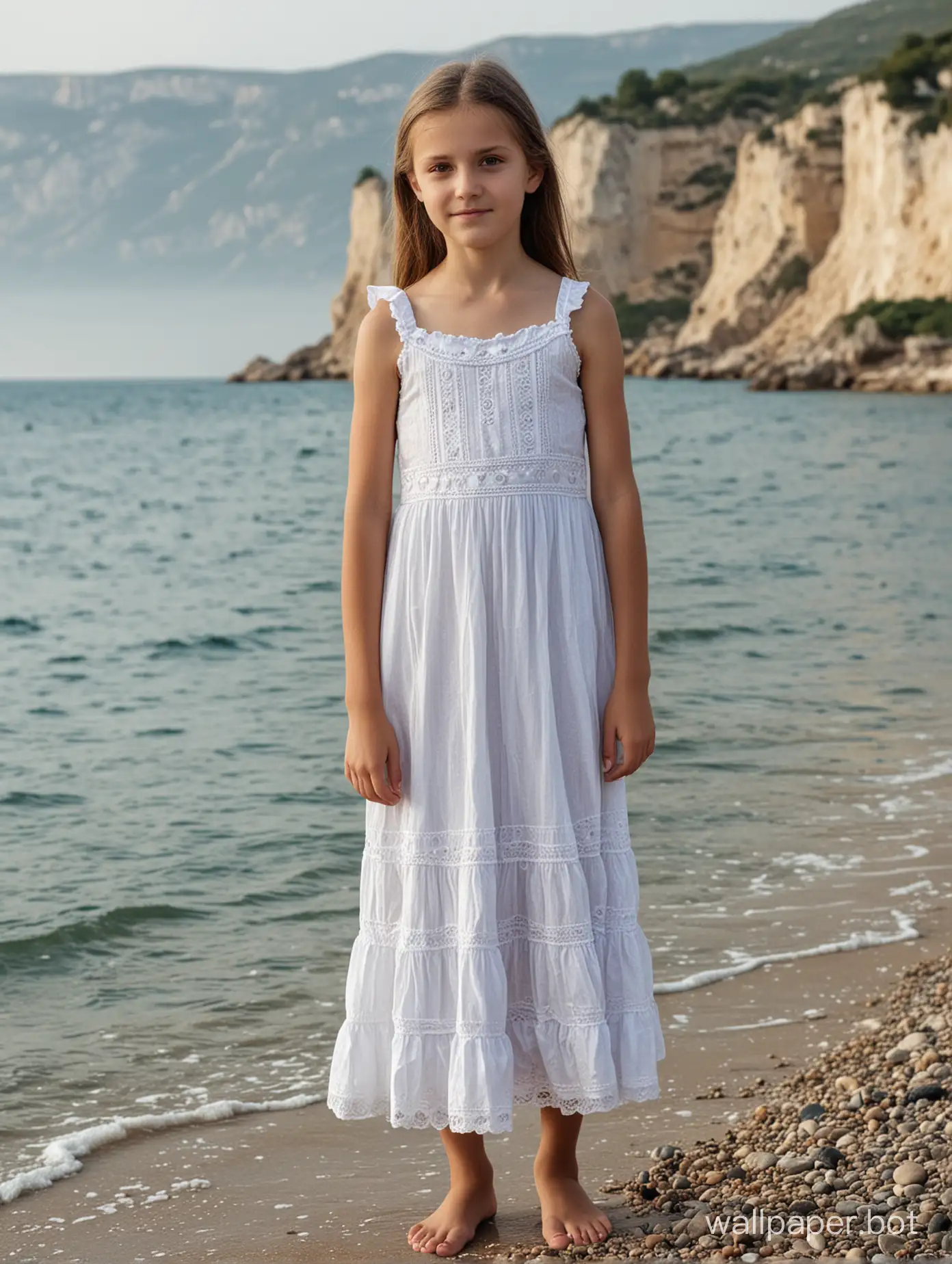 Крым, берег моря, девочка 10 лет в платье, позирует, в полный рост, платье на голое тело