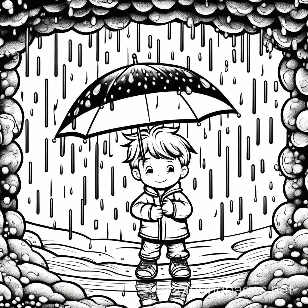 Little boy playing in rain , Coloring Page, black and white, line art, white background, Simplicity, Ample White Space. The background of the coloring page is plain white to make it easy for young children to color within the lines. The outlines of all the subjects are easy to distinguish, making it simple for kids to color without too much difficulty