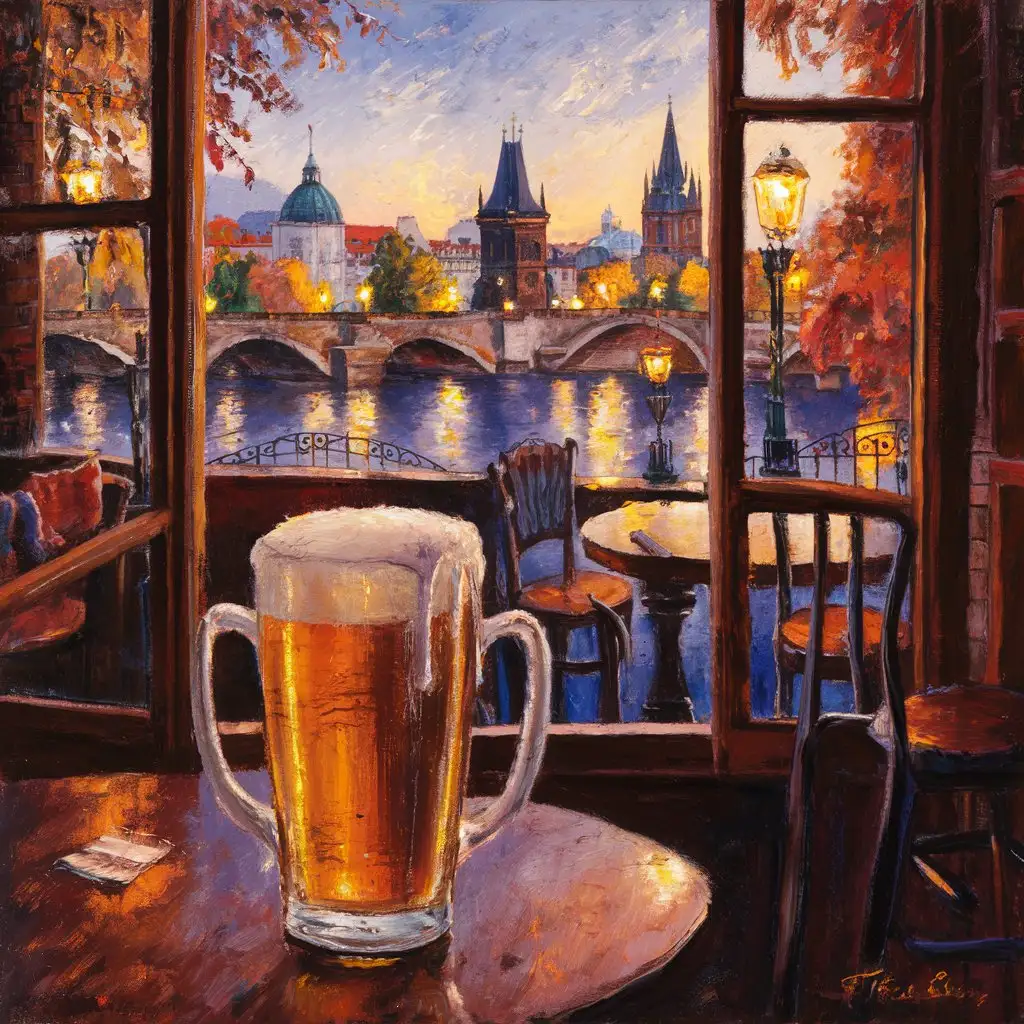 a view from a bar in Prague Czech replace, viewing Karl's bridge in the city centre, with a large beer on the table, autumn time of year, impressionistic painting style, no people just a view across the table into the distance
